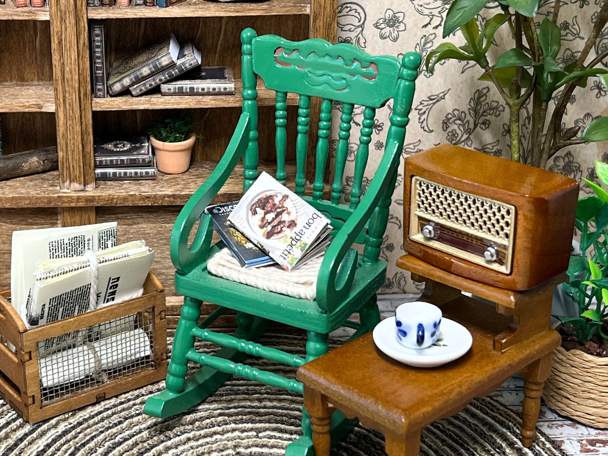 1:12 Scale Miniature Green Wooden Rocking Chair with Woven Cord Seat