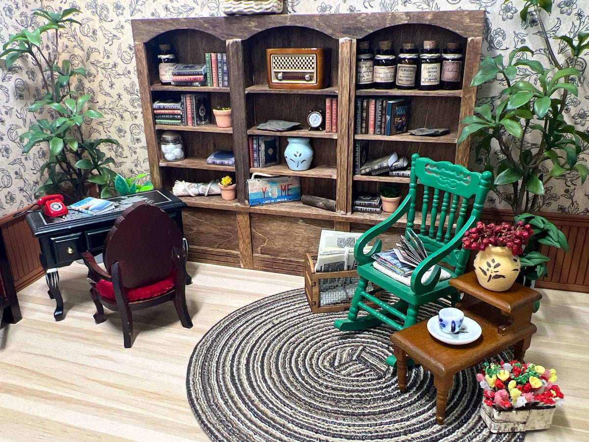 1:12 Scale Miniature Green Wooden Rocking Chair with Woven Cord Seat