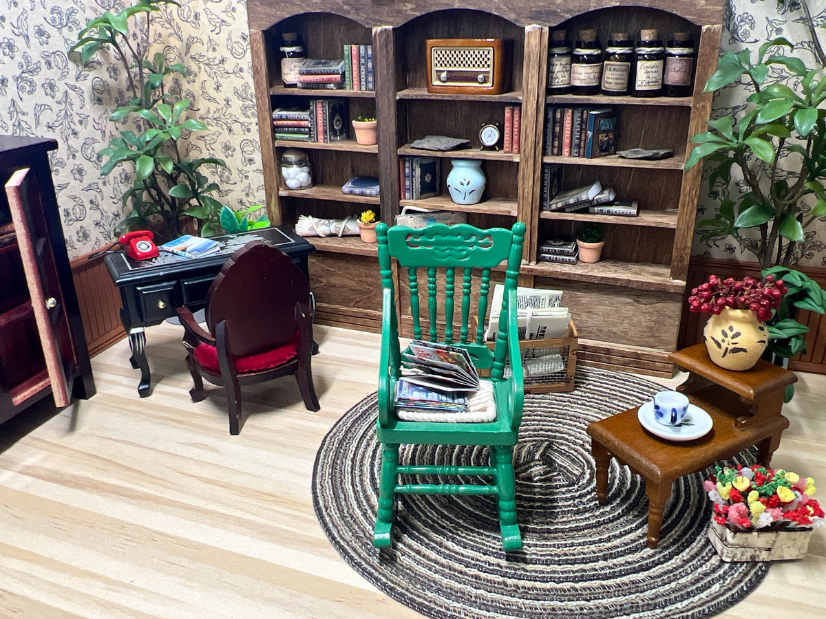 1:12 Scale Miniature Green Wooden Rocking Chair with Woven Cord Seat