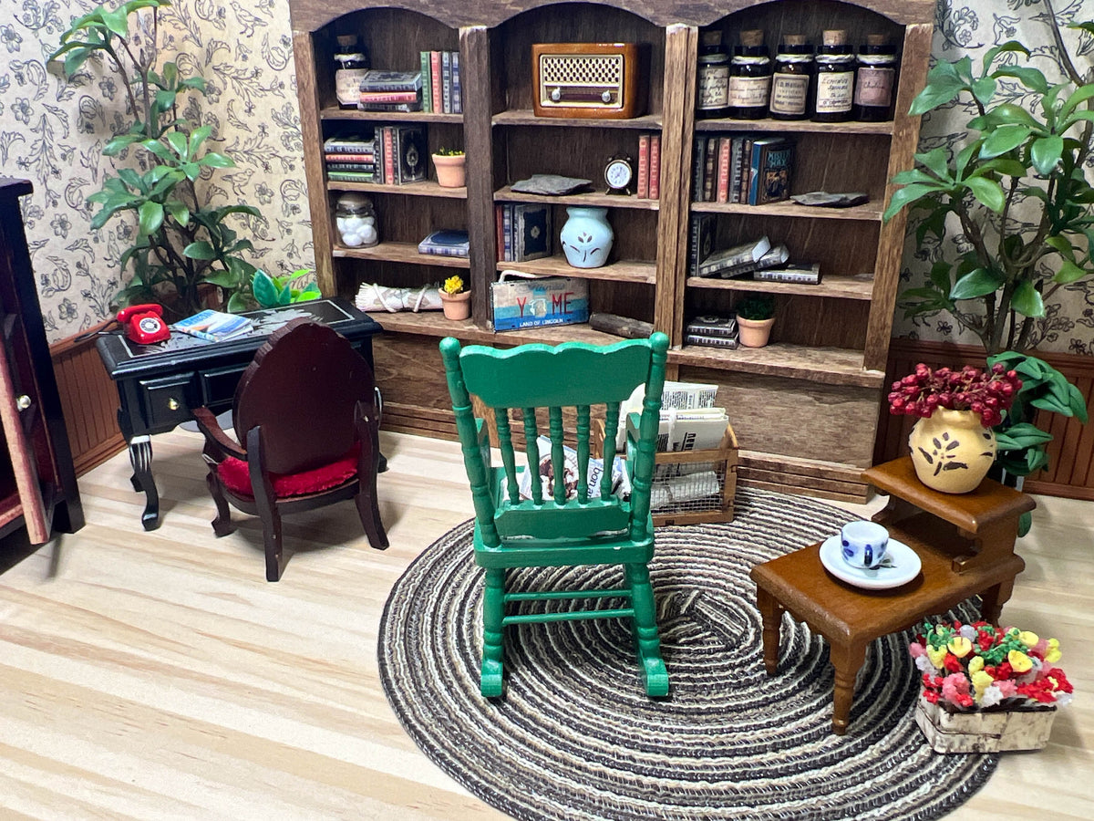 1:12 Scale Miniature Green Wooden Rocking Chair with Woven Cord Seat
