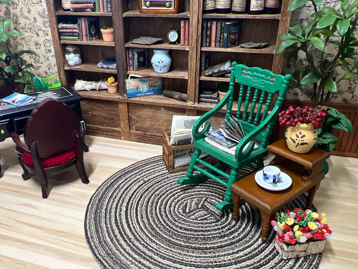 1:12 Scale Miniature Green Wooden Rocking Chair with Woven Cord Seat