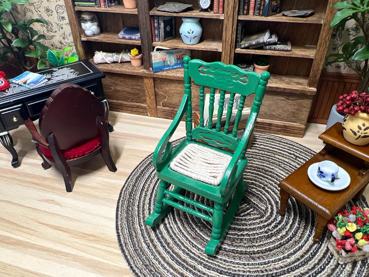 1:12 Scale Miniature Green Wooden Rocking Chair with Woven Cord Seat