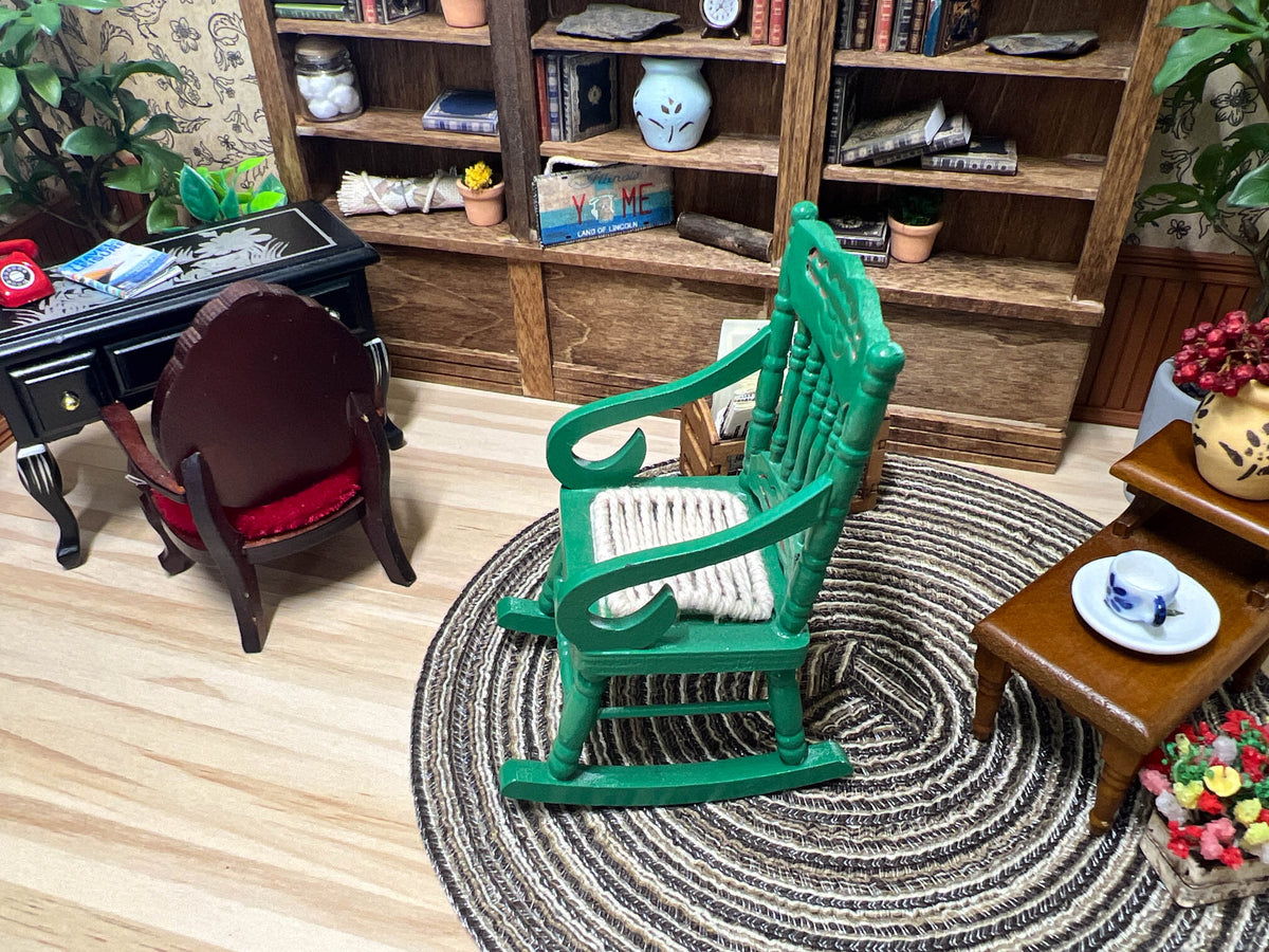 1:12 Scale Miniature Green Wooden Rocking Chair with Woven Cord Seat