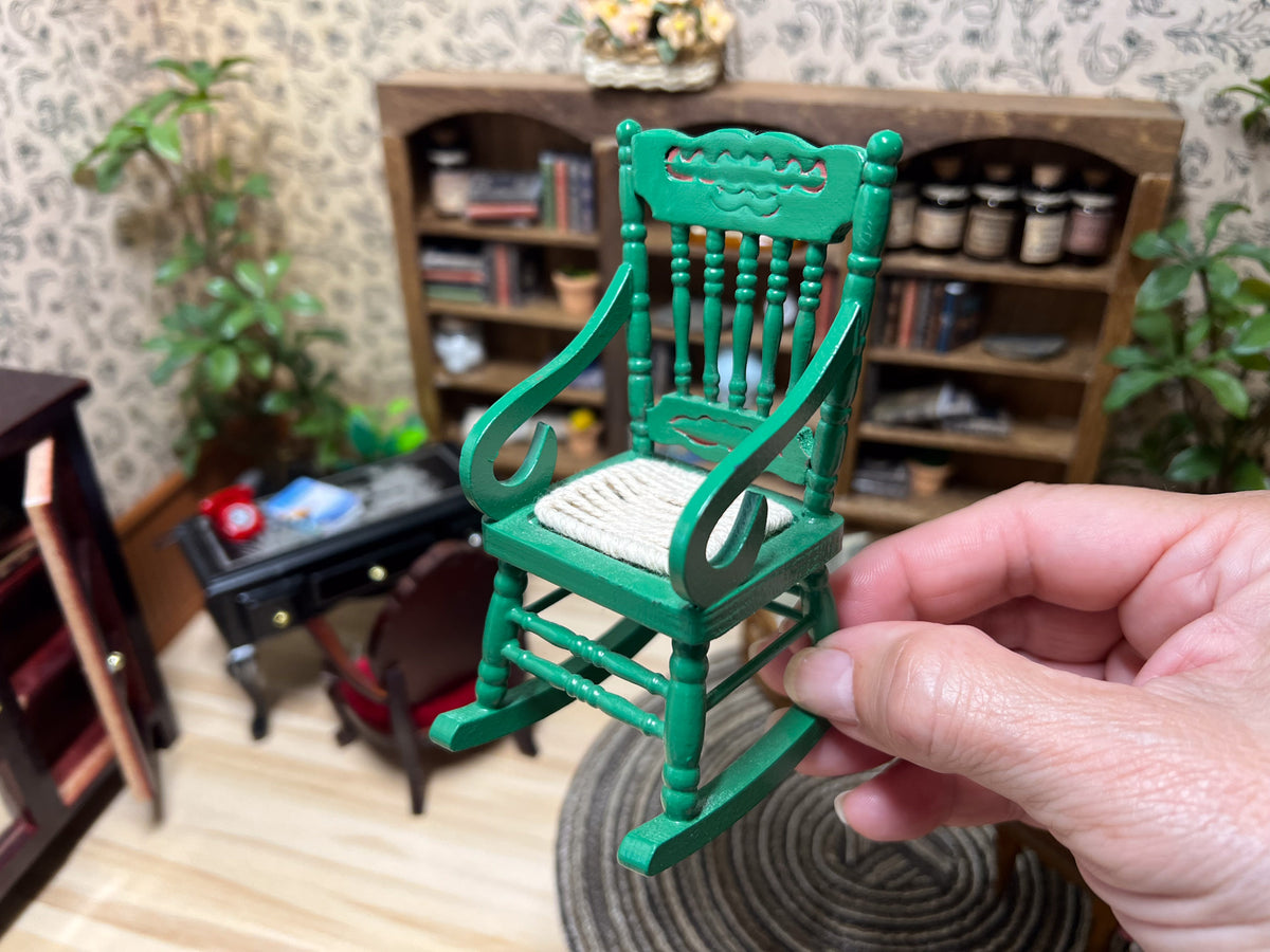 1:12 Scale Miniature Green Wooden Rocking Chair with Woven Cord Seat