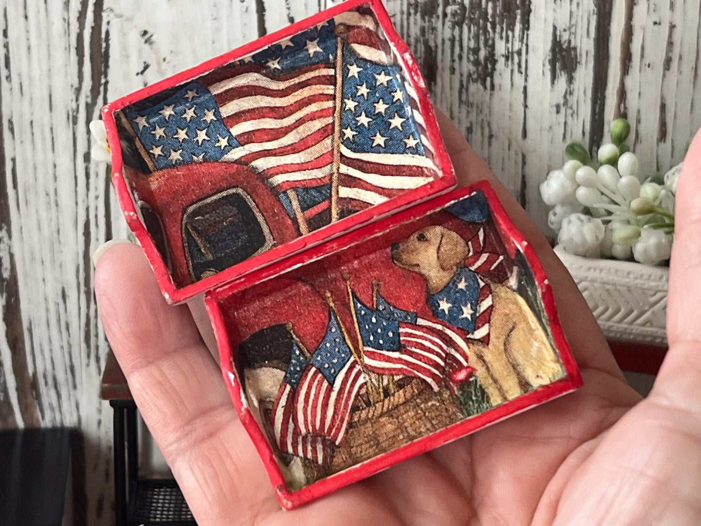 This adorable dollhouse American tradition style wood serving tray comes in two styles. One has an American Flag and red trim and the other has a red truck with a dog and 3 American Flags. Complete your 4th of July scene with this traditional tray. __etsy:5900239207