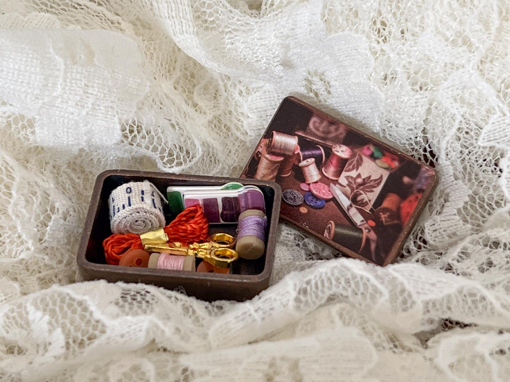 Miniature Antique Sewing Tin Box 1:12 Scale –  Dollhouse Sewing Room Accessory with Contents __etsy:6968849275