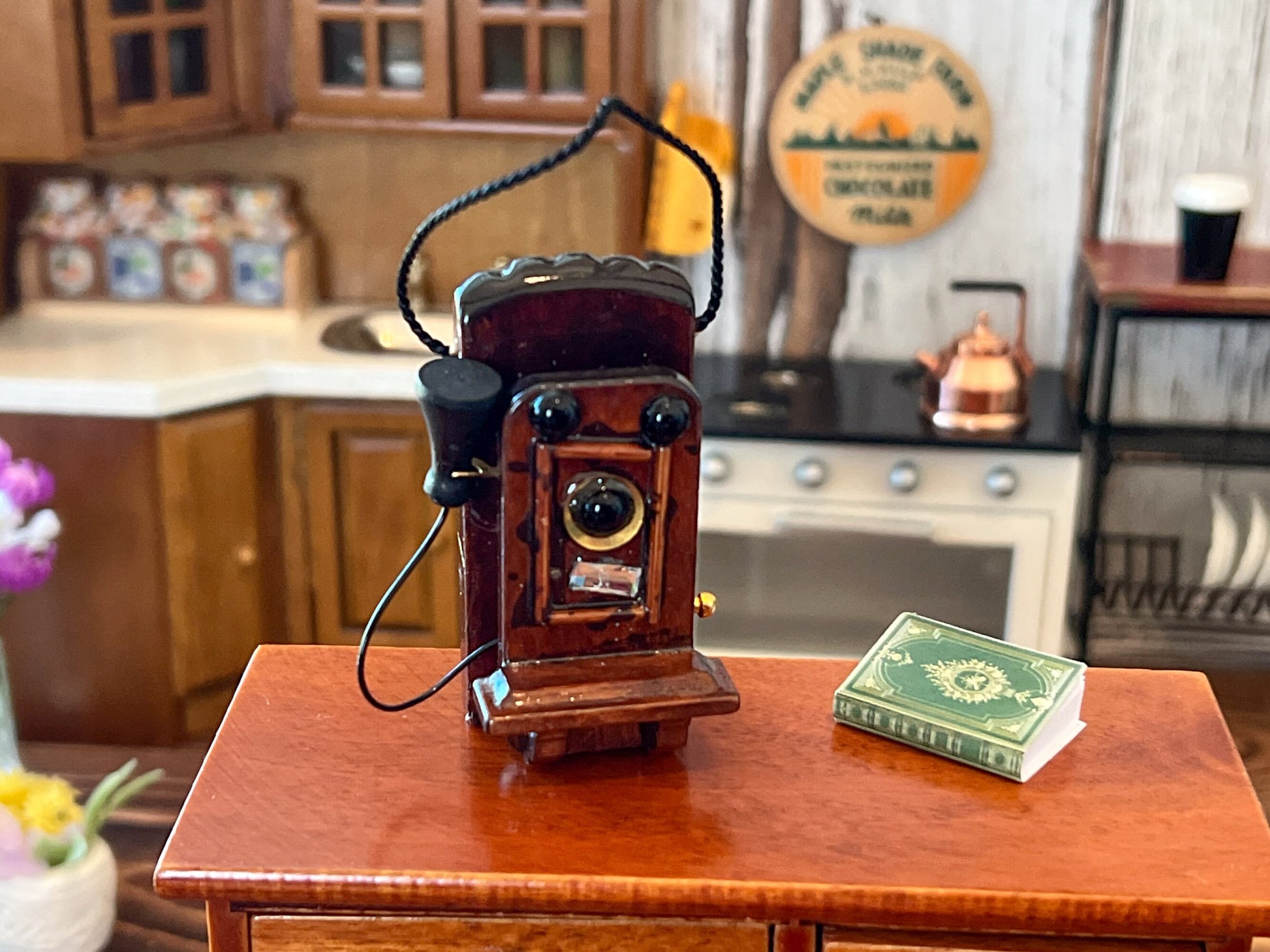 Miniature Antique Wall Phone – 1:12 Scale - Wooden Dollhouse Vintage Telephone | Brown Wall Mount __etsy:6056566857