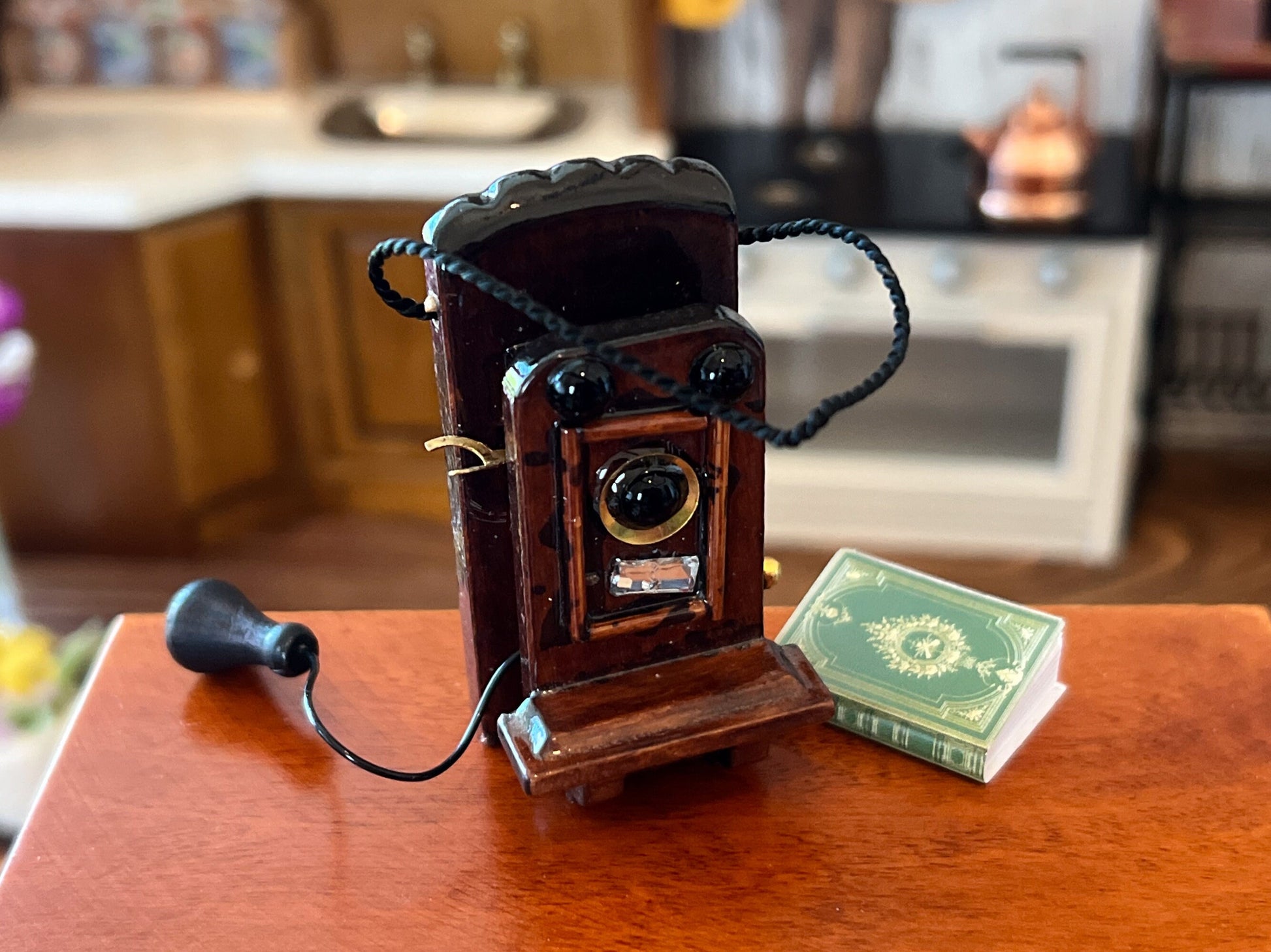Miniature Antique Wall Phone – 1:12 Scale - Wooden Dollhouse Vintage Telephone | Brown Wall Mount __etsy:6056567027