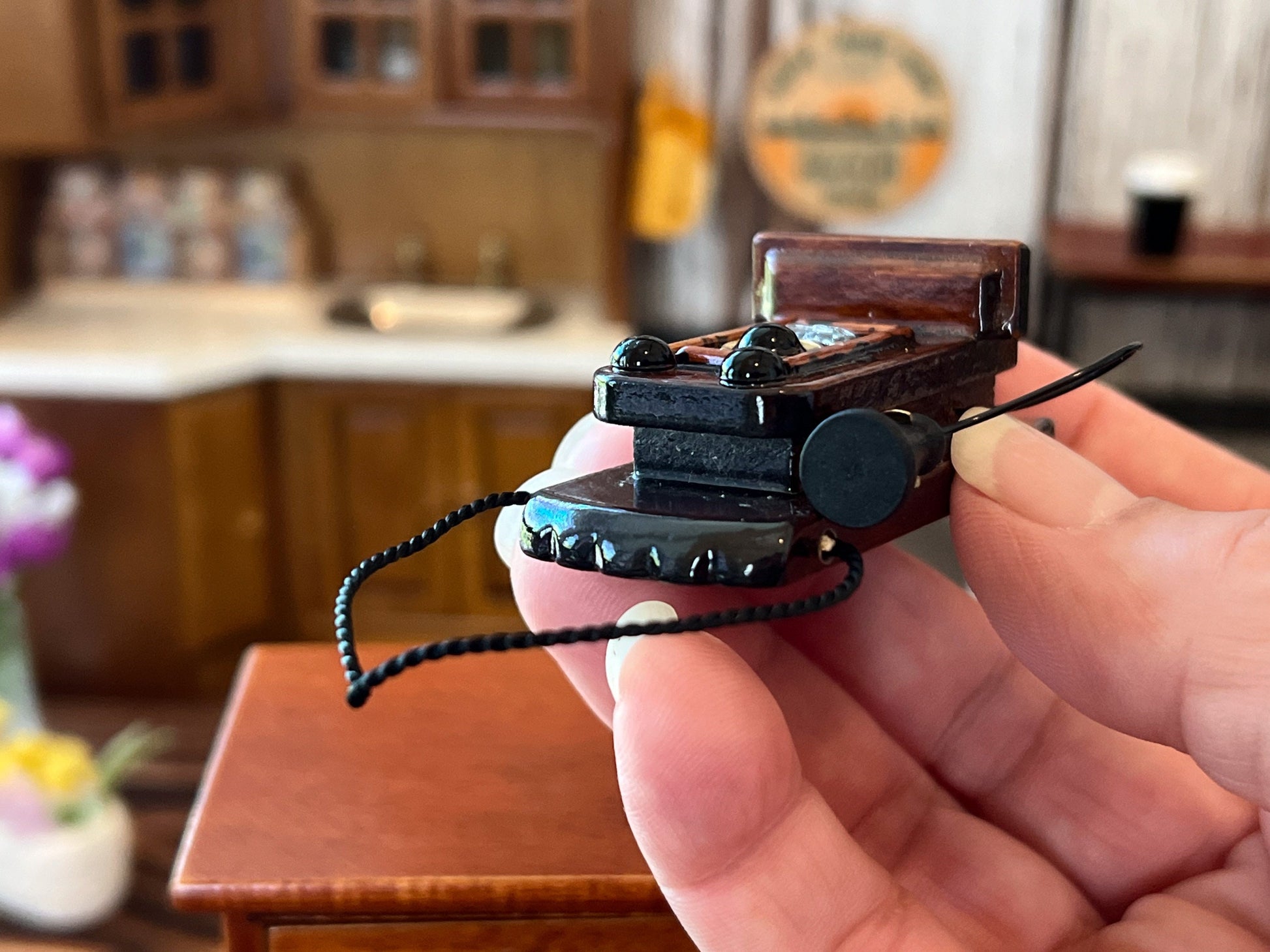 Miniature Antique Wall Phone – 1:12 Scale - Wooden Dollhouse Vintage Telephone | Brown Wall Mount __etsy:6056566901