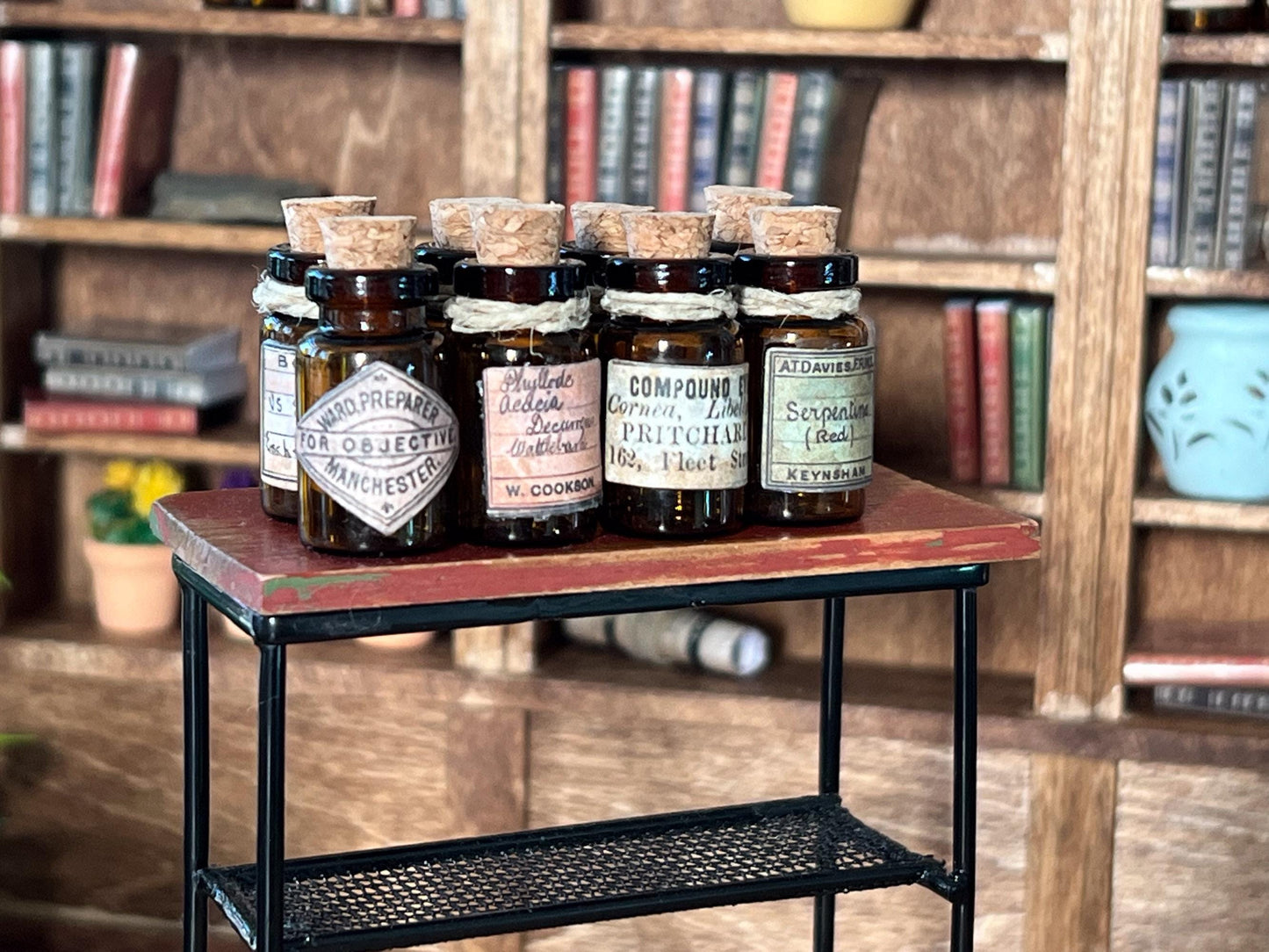 Miniature Apothecary Set 1:12 Scale - 9 PC Dollhouse Amber Glass Bottles with Labels __etsy:6564034210