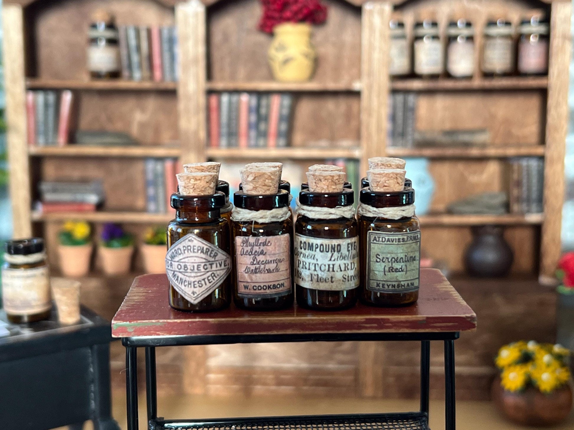 Miniature Apothecary Set 1:12 Scale - 9 PC Dollhouse Amber Glass Bottles with Labels __etsy:6564034316