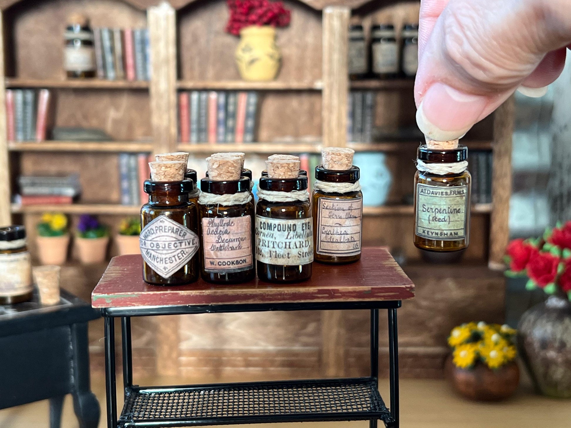 Miniature Apothecary Set 1:12 Scale - 9 PC Dollhouse Amber Glass Bottles with Labels __etsy:6564034324