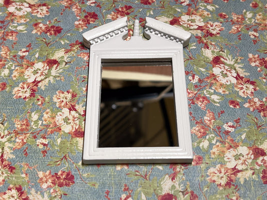 Adorable white vanity, bathroom, dresser, or fireplace mirror, it is so realistic! It is made of wood, it has a real mirror, and very intricate frame shape details on the top and around the mirror. __etsy:5818439785