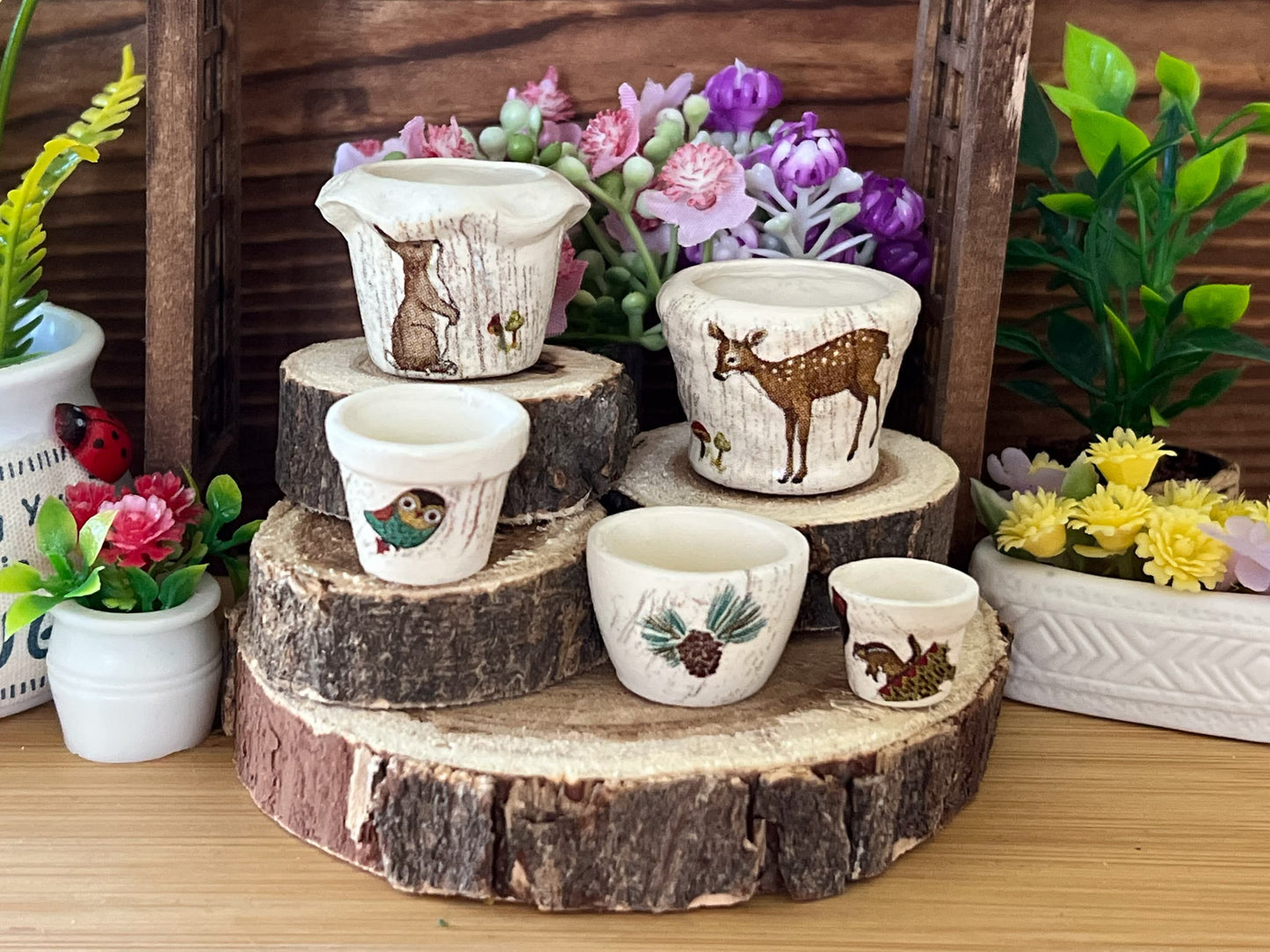 Miniature Beige Clay Planter Set -1:12 Scale - Dollhouse 5 PC Rustic Cabin Decor __etsy:5908243619
