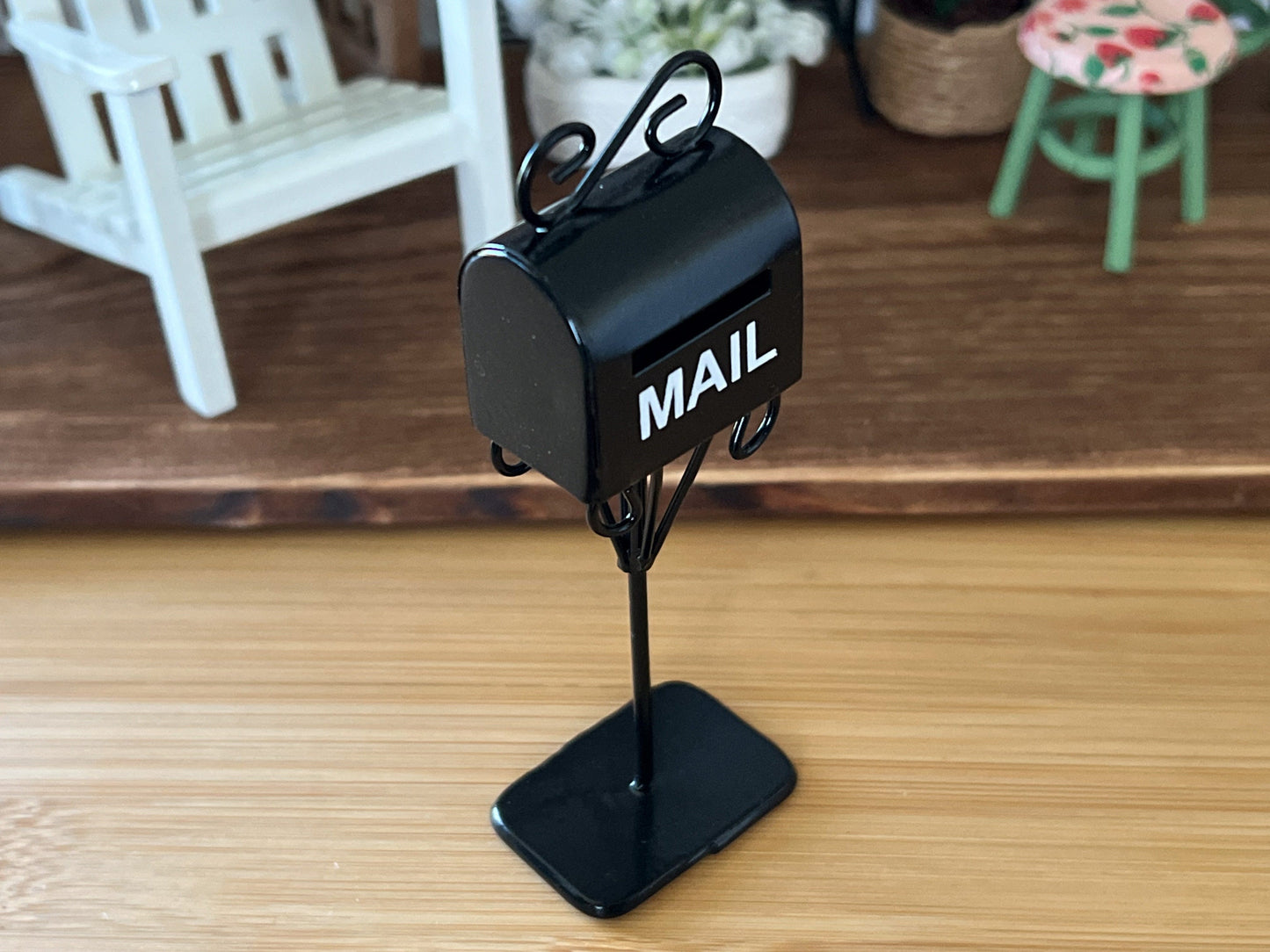 Miniature Black Metal Mailbox – 1:12 Scale Dollhouse Accessory, Standing Mailbox with White "MAIL" Text __etsy:5902374849