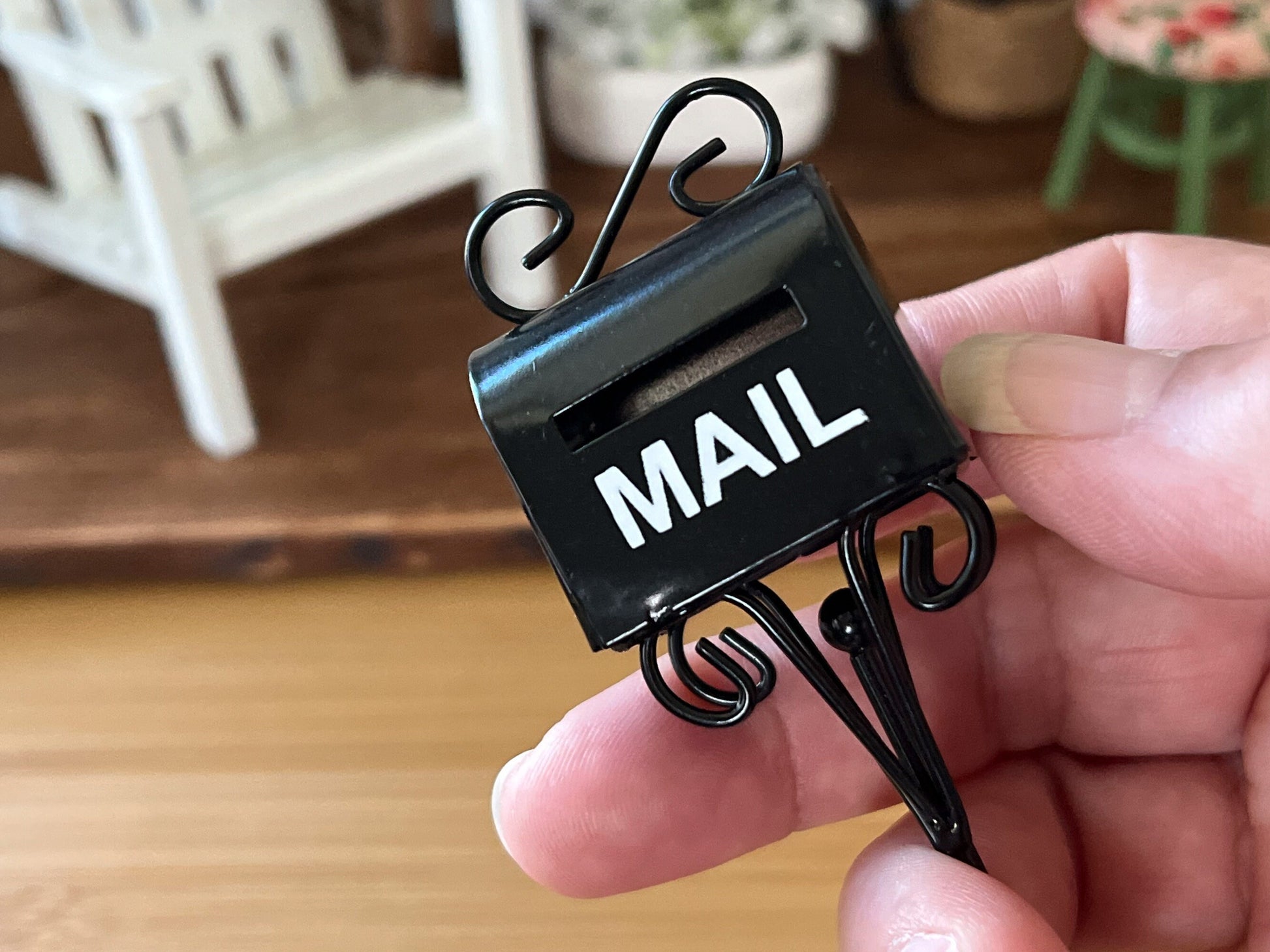 Miniature Black Metal Mailbox – 1:12 Scale Dollhouse Accessory, Standing Mailbox with White "MAIL" Text __etsy:5854305886