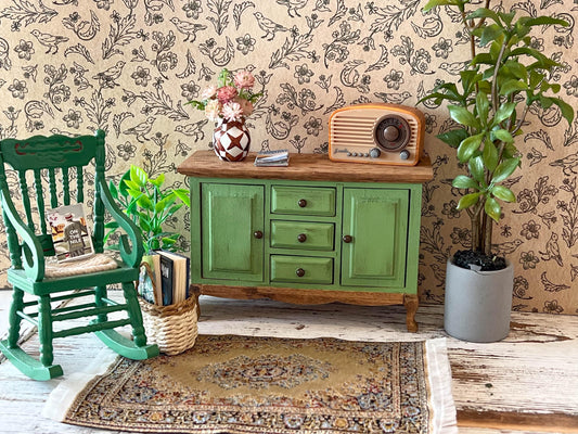 Miniature Board Buffet- 1:12 Scale – Oak Green Dresser with Brown Knobs, Dollhouse Furniture __etsy:7864799484