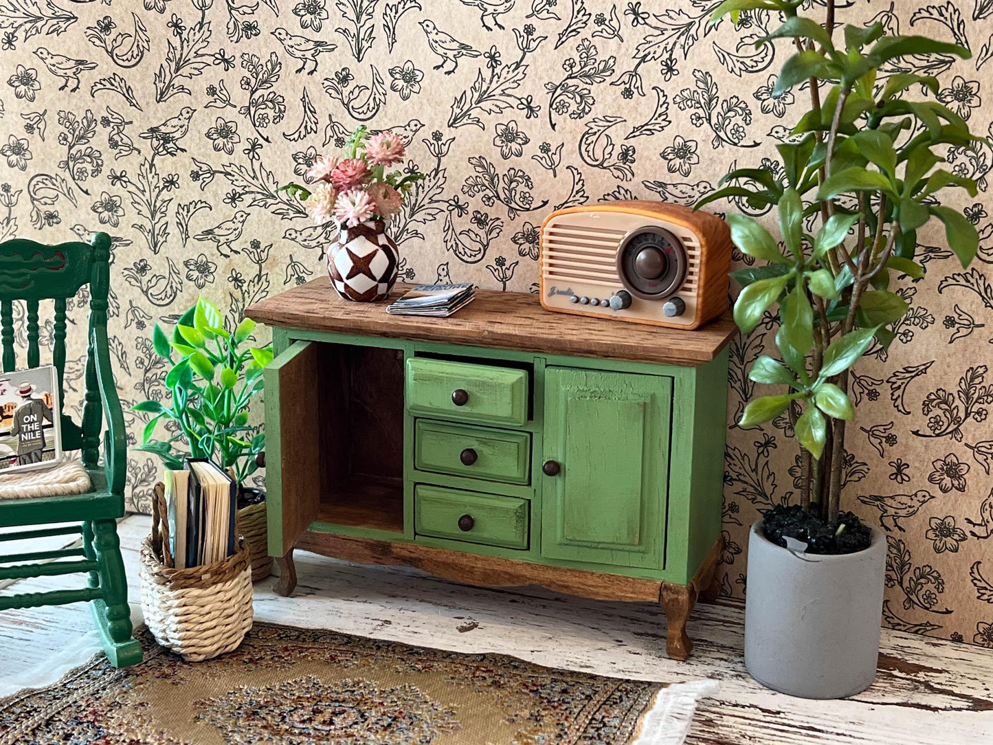 Miniature Board Buffet- 1:12 Scale – Oak Green Dresser with Brown Knobs, Dollhouse Furniture __etsy:7864799494