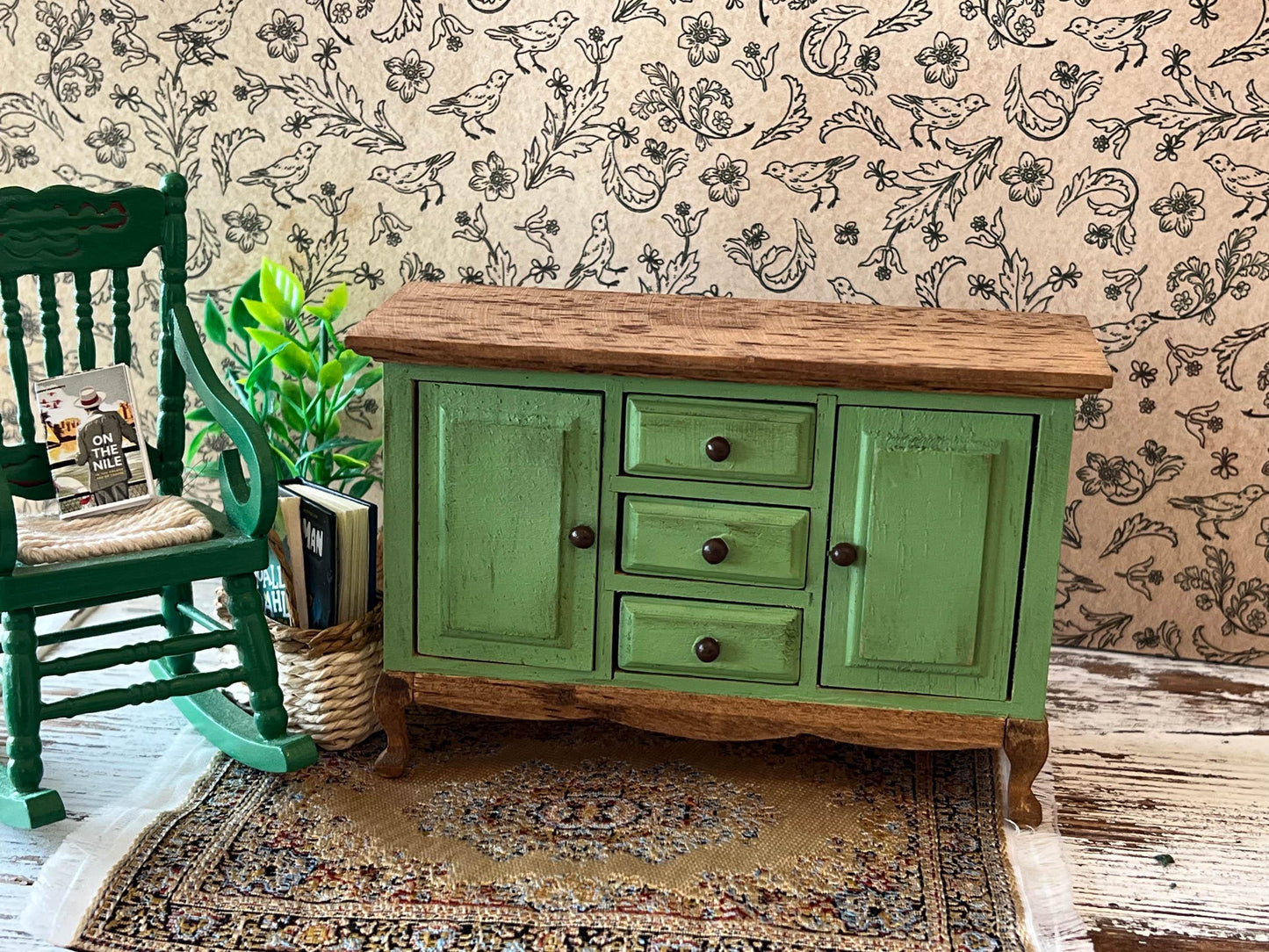 Miniature Board Buffet- 1:12 Scale – Oak Green Dresser with Brown Knobs, Dollhouse Furniture __etsy:7864799616
