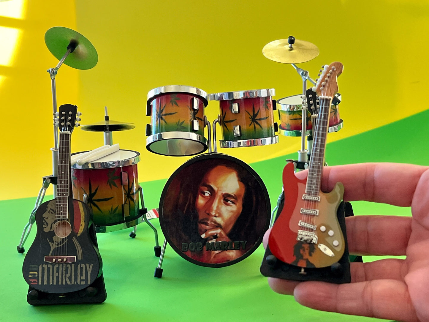 Miniature Bob Marley Drum Set with Guitars 1:12 Scale  – Reggae Music Room __etsy:5683143164
