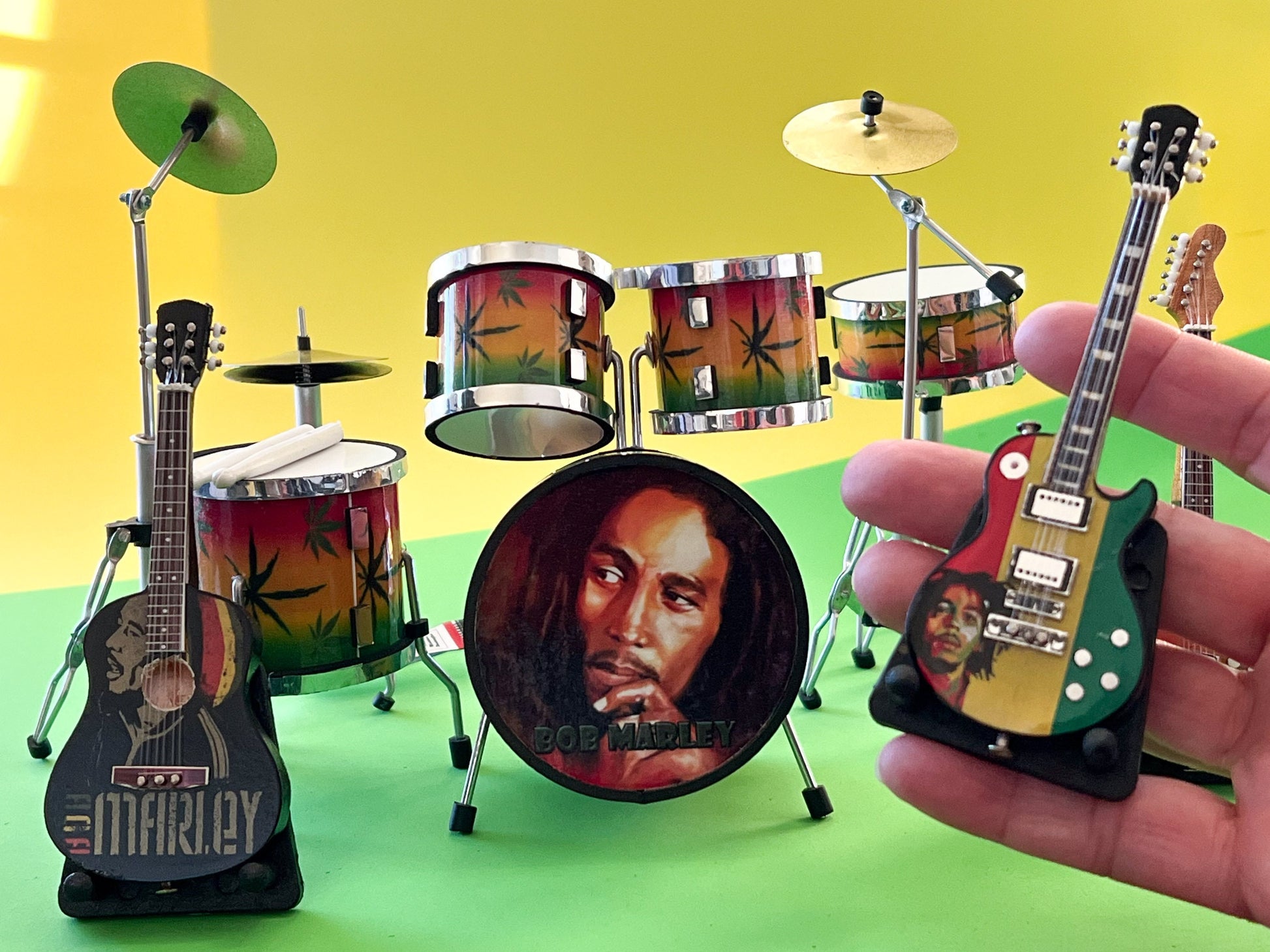 Miniature Bob Marley Drum Set with Guitars 1:12 Scale  – Reggae Music Room __etsy:5731190157