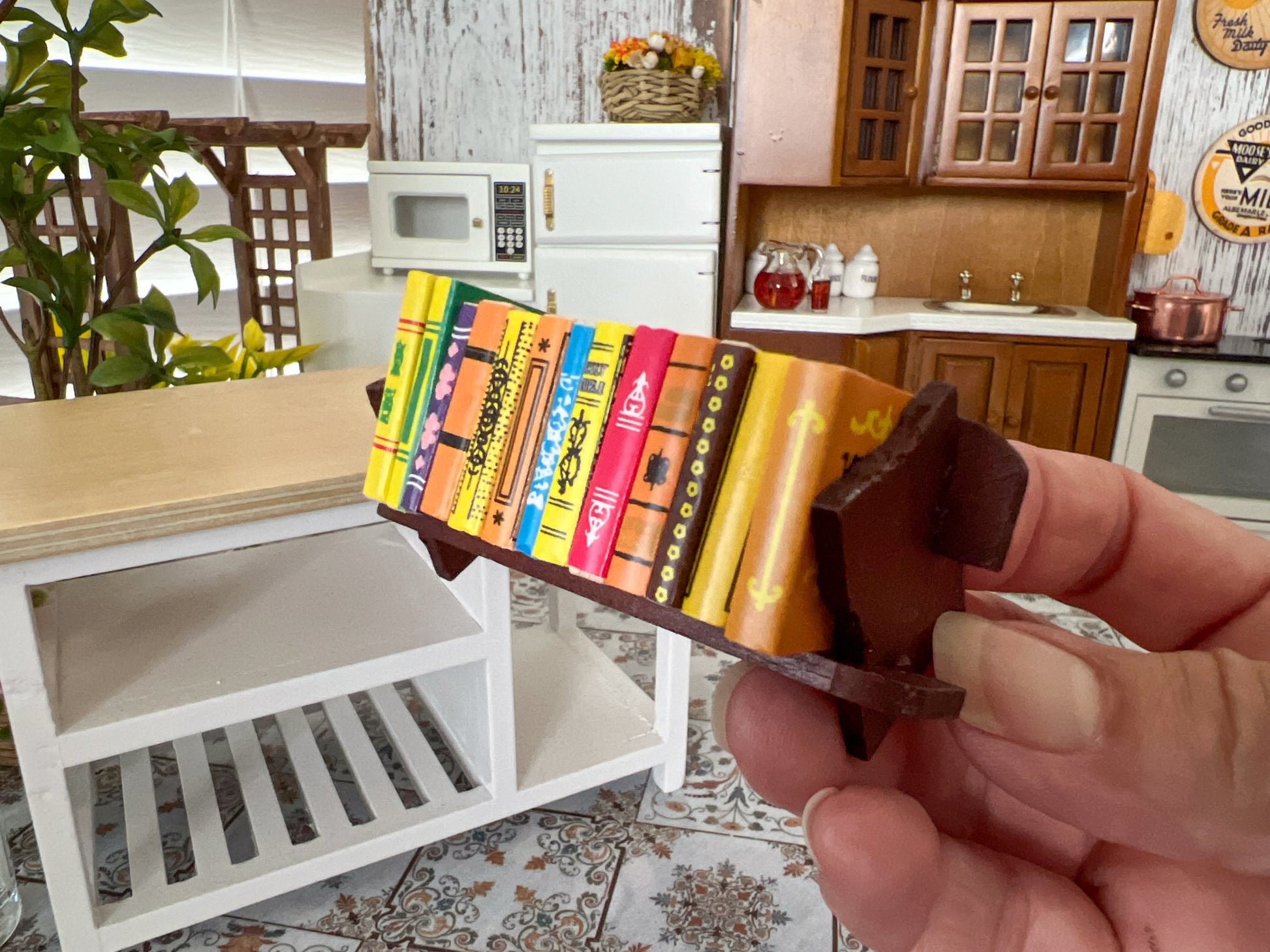 Miniature Bookshelf with Books – 1:12 Scale Dollhouse Wooden Shelf with 13 Colorful Mini Books __etsy:6123623126