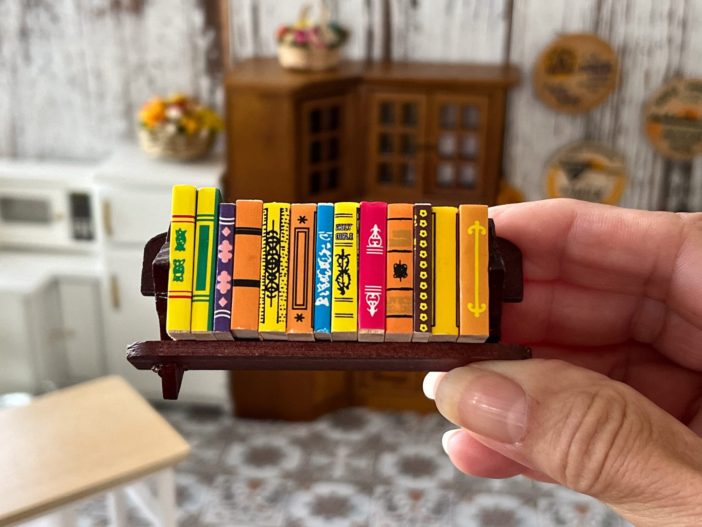 Miniature Bookshelf with Books – 1:12 Scale Dollhouse Wooden Shelf with 13 Colorful Mini Books __etsy:6171729299