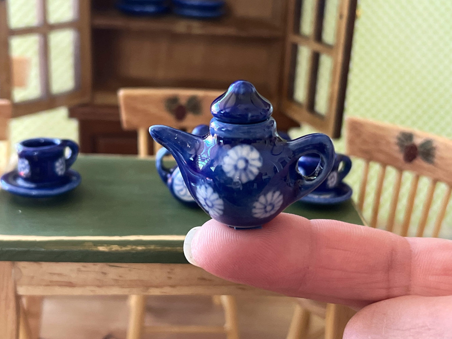 Miniature Ceramic Blue Tea Set 1:12 Scale – 9 PC Dollhouse China-Inspired Tableware __etsy:5624683527