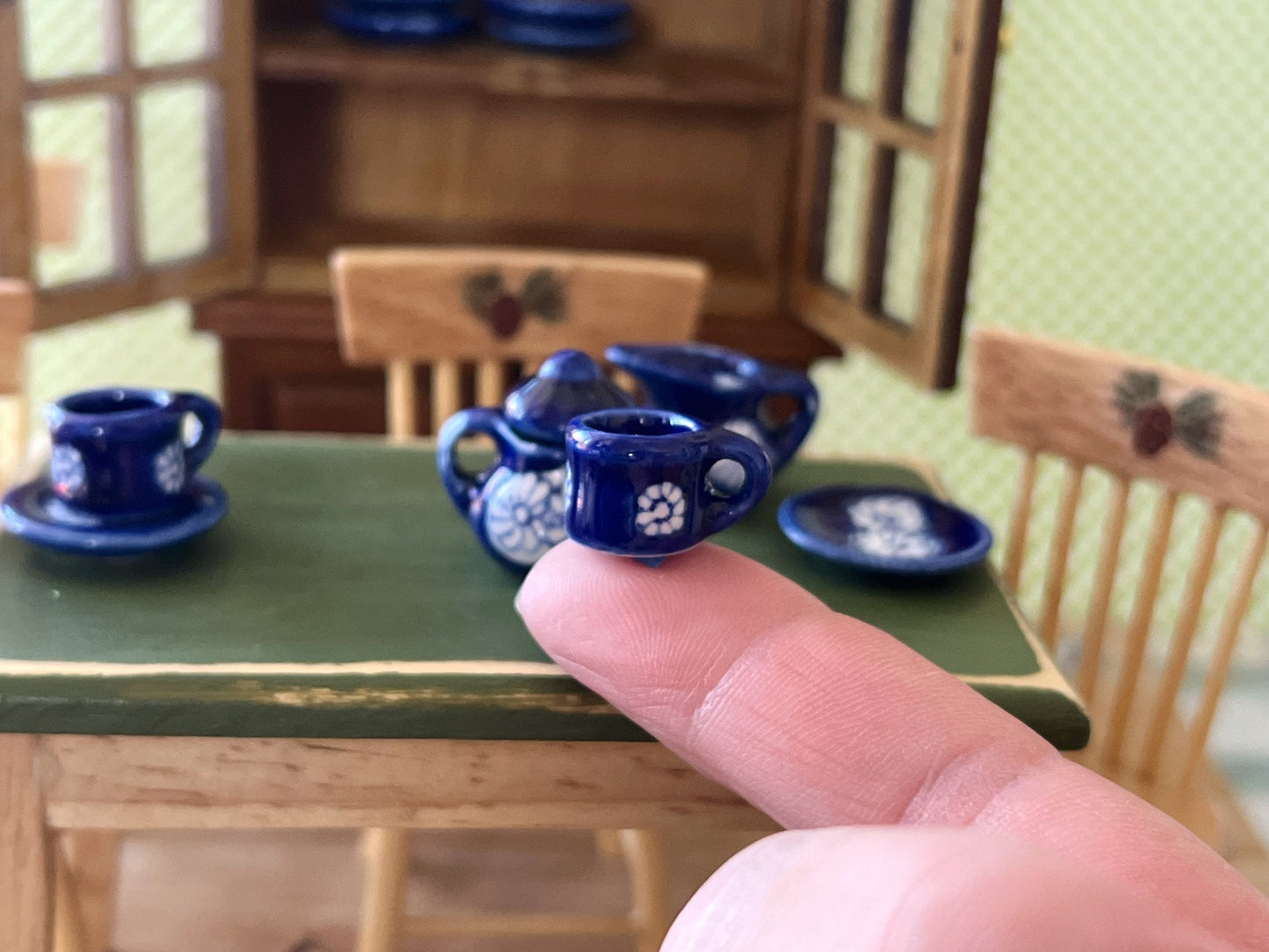 Miniature Ceramic Blue Tea Set 1:12 Scale – 9 PC Dollhouse China-Inspired Tableware __etsy:5624683537