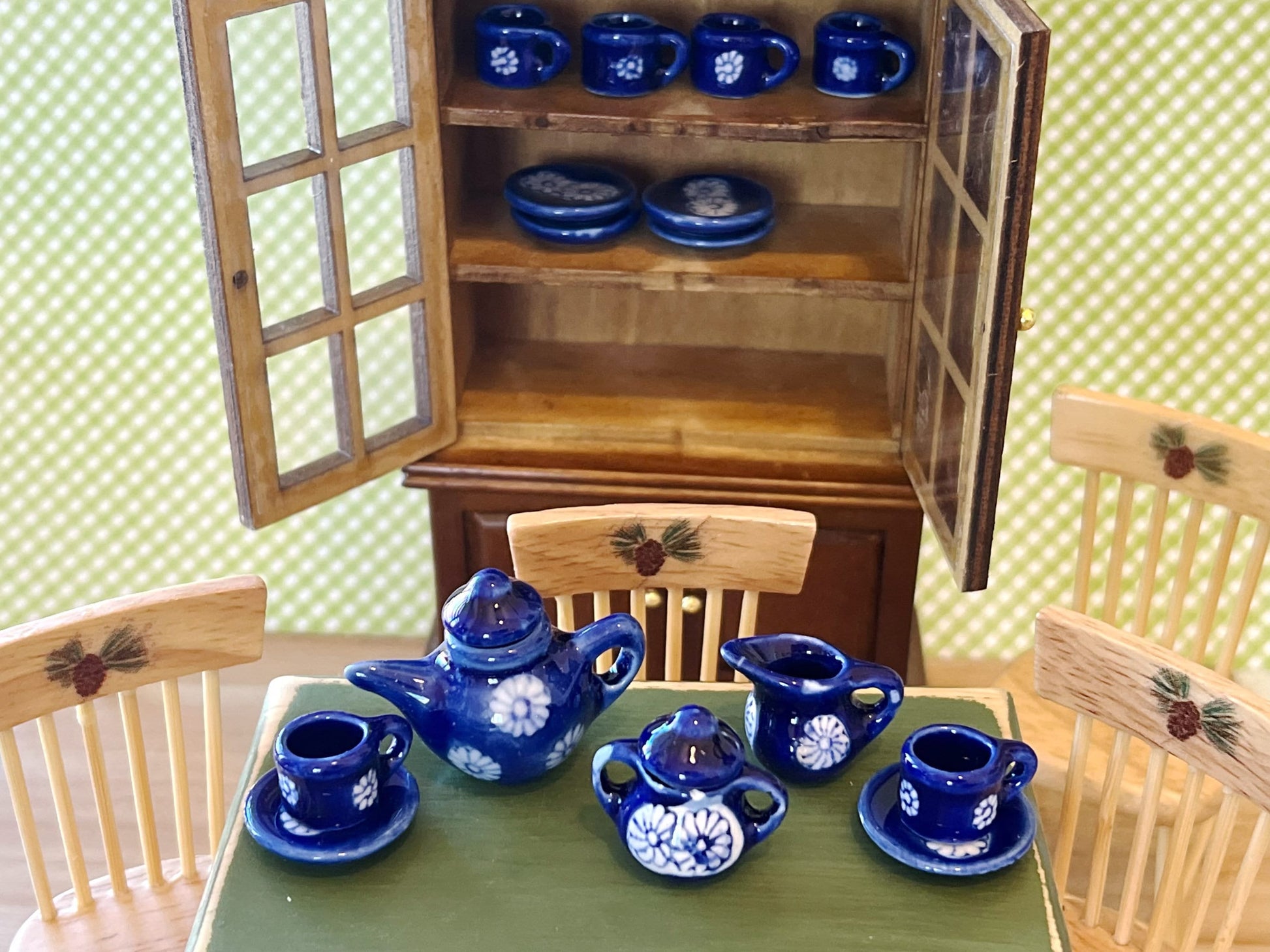 Miniature Ceramic Blue Tea Set 1:12 Scale – 9 PC Dollhouse China-Inspired Tableware __etsy:5576251288