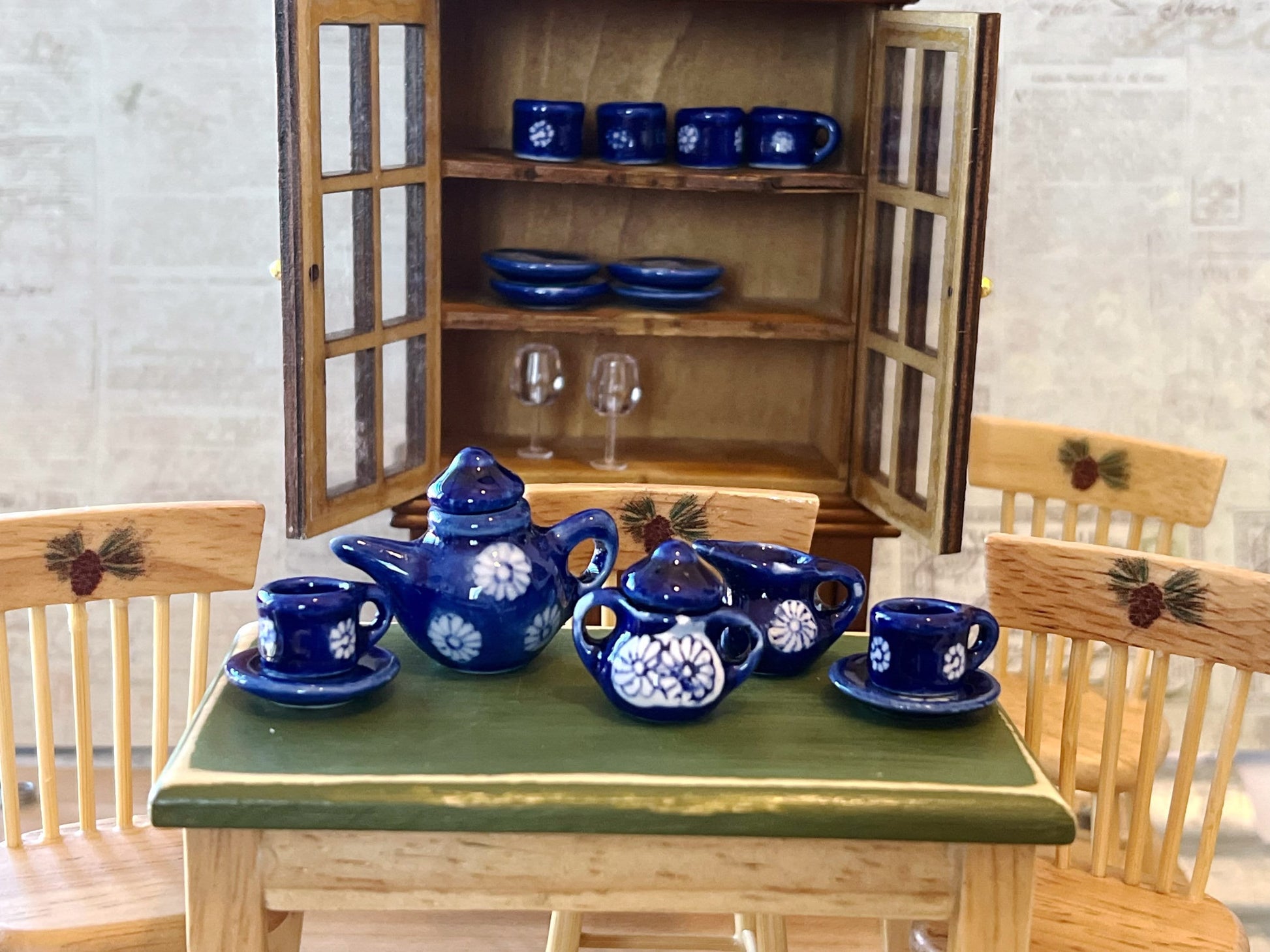Miniature Ceramic Blue Tea Set 1:12 Scale – 9 PC Dollhouse China-Inspired Tableware __etsy:5624402621