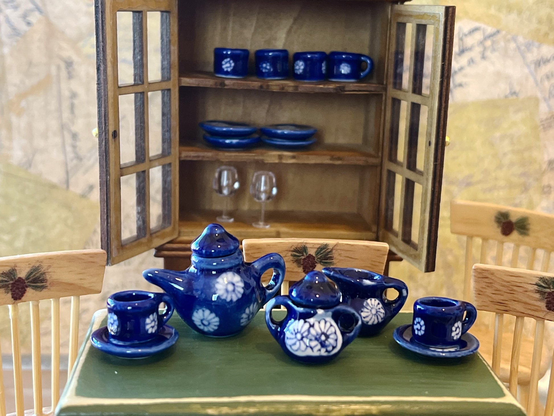 Miniature Ceramic Blue Tea Set 1:12 Scale – 9 PC Dollhouse China-Inspired Tableware __etsy:5576294504