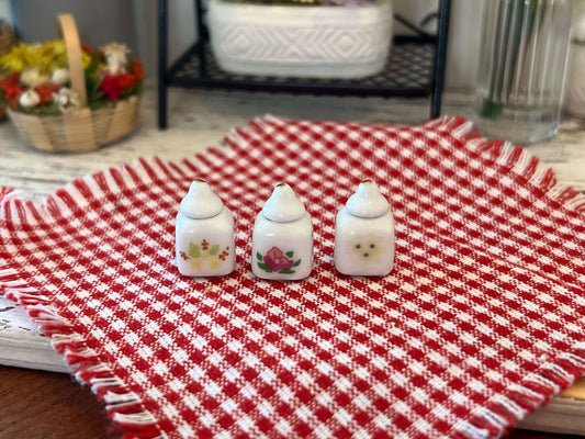 Miniature Ceramic Canister Set – 1:12 Scale – Dollhouse Sugar, Flour & Coffee Canisters __etsy:6111251217