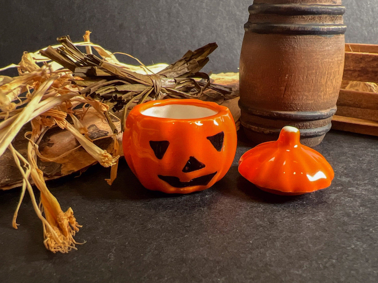 Miniature Ceramic Halloween Pumpkin- 1:12 Scale-Dollhouse Cookie Jar with Lid __etsy:5404006982