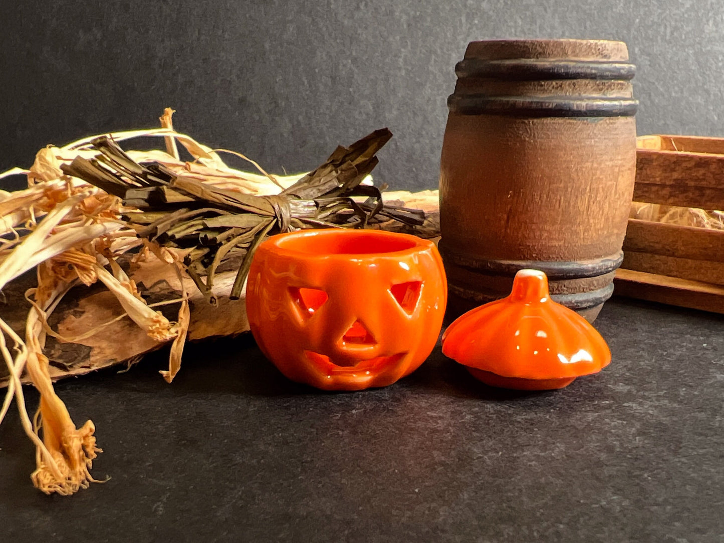 Miniature Ceramic Halloween Pumpkin- 1:12 Scale-Dollhouse Cookie Jar with Lid __etsy:5452156043