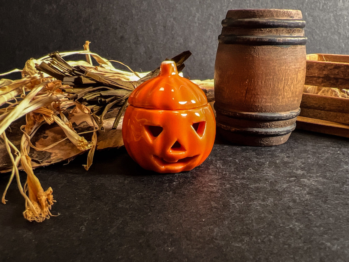 Miniature Ceramic Halloween Pumpkin- 1:12 Scale-Dollhouse Cookie Jar with Lid __etsy:5452156063