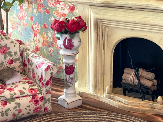 Miniature Ceramic Jardiniere with Pedestal – 1:12 Scale Vintage Dollhouse Decor with Elegant Roses __etsy:6946159477