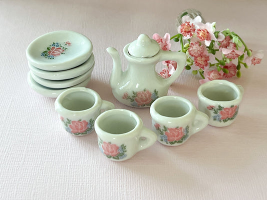 Miniature Ceramic Tea Set 1:6 Scale – Dollhouse Tea White with Pink Rose Design __etsy:6245083682