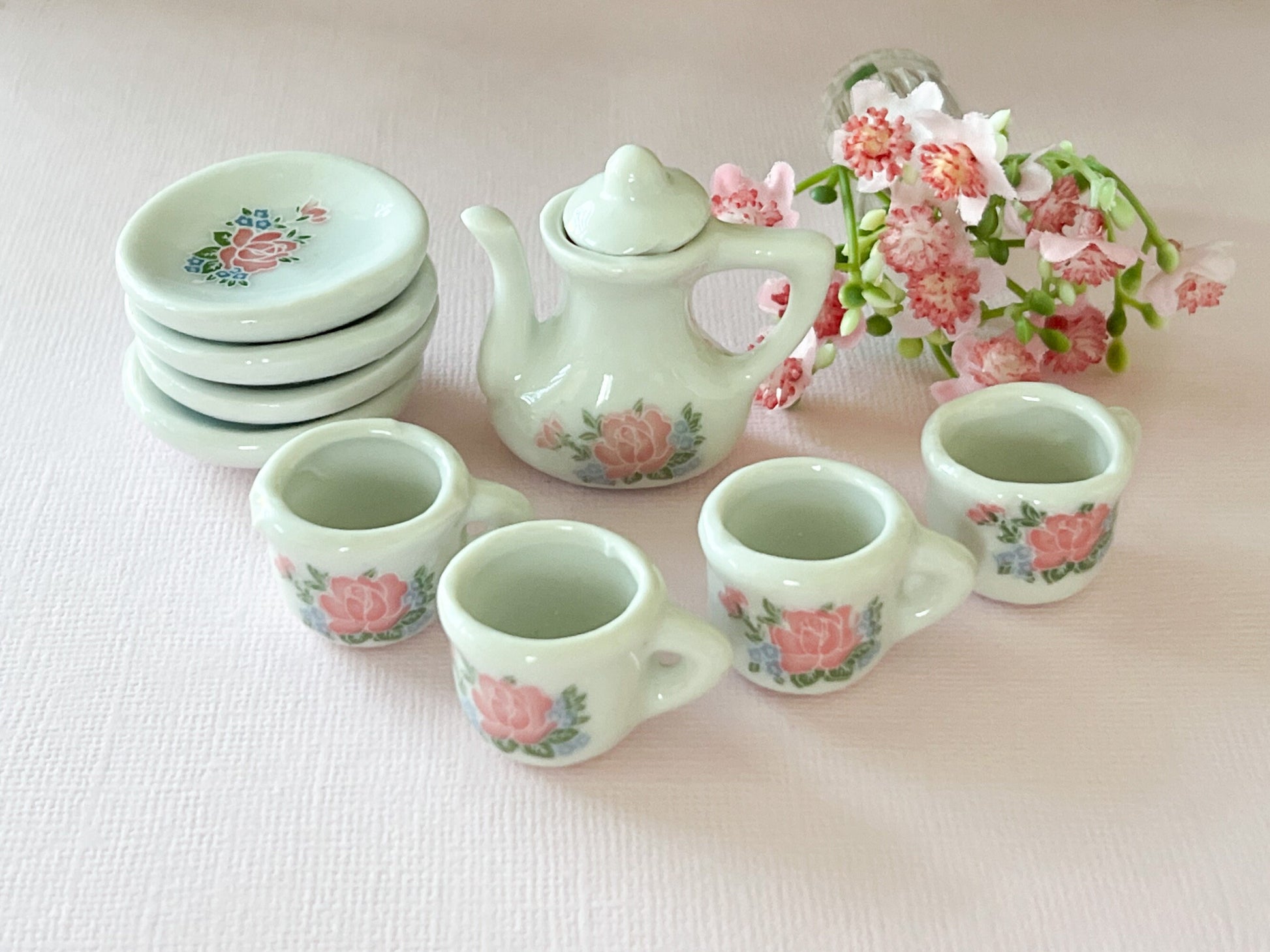 Miniature Ceramic Tea Set 1:6 Scale – Dollhouse Tea White with Pink Rose Design __etsy:6245083680