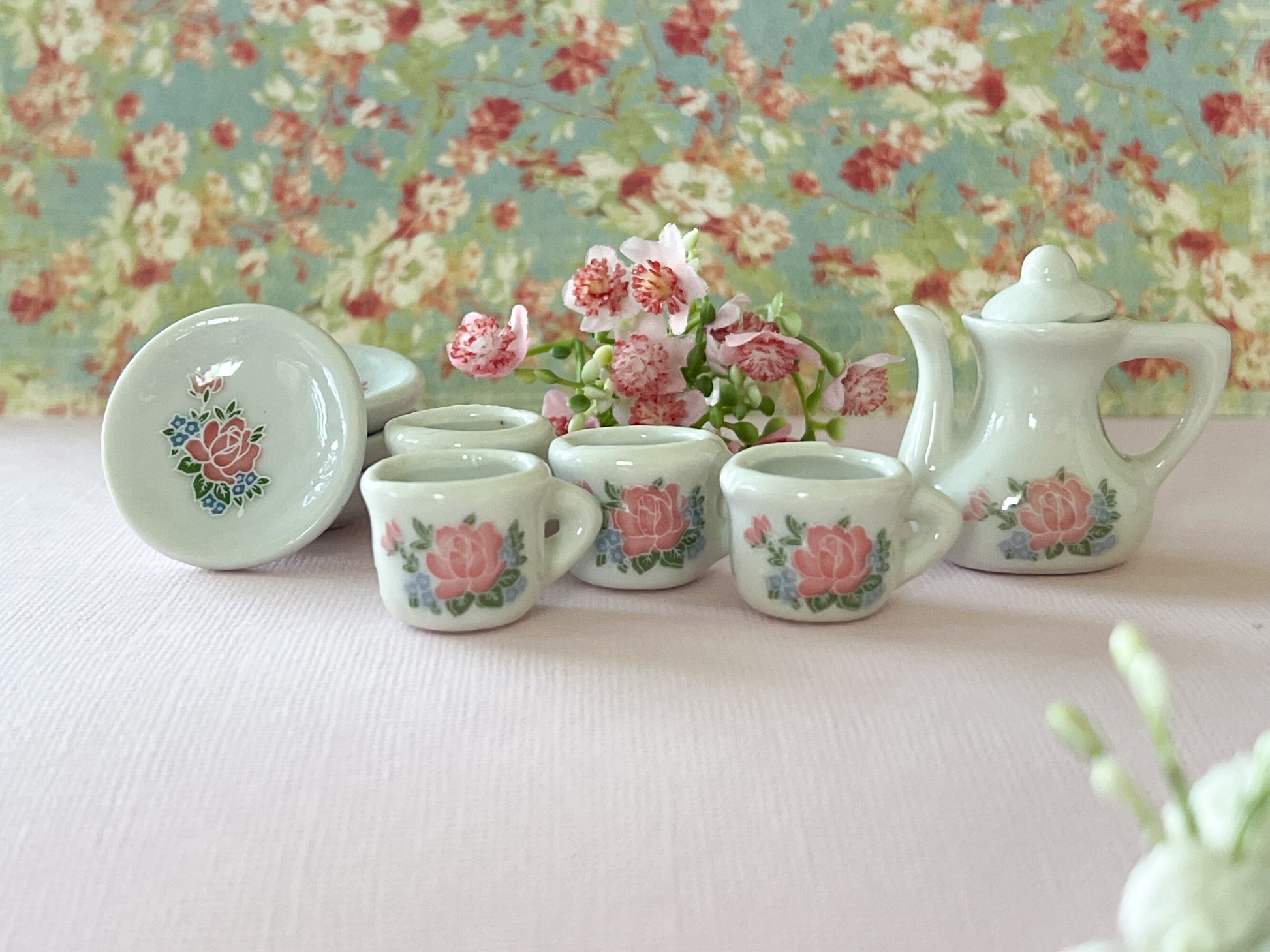 Miniature Ceramic Tea Set 1:6 Scale – Dollhouse Tea White with Pink Rose Design __etsy:6245083674