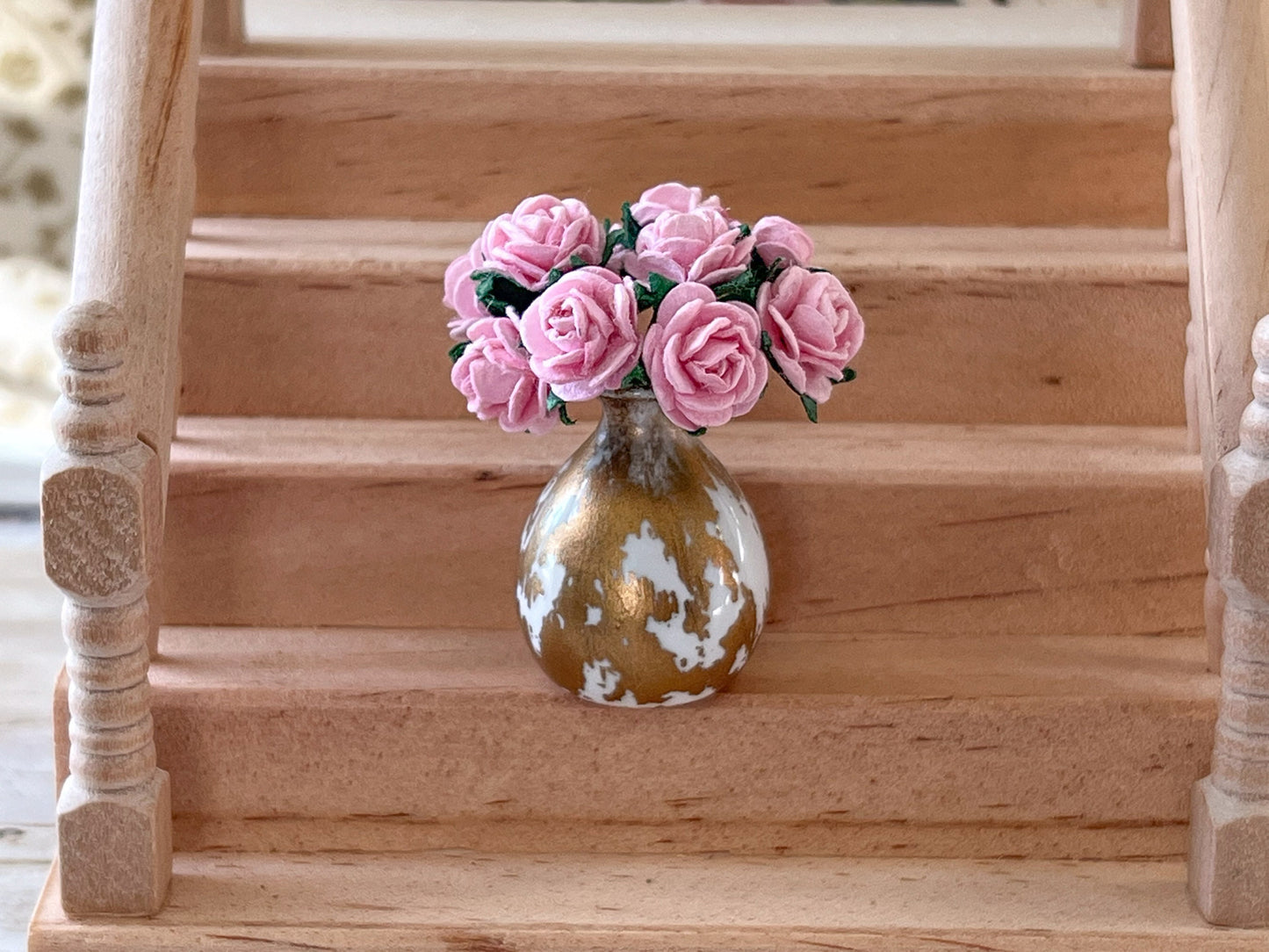 Miniature Ceramic Vase 1:12 Scale, Dollhouse Golden/White Vase with Mulberry Flowers __etsy:5857948429