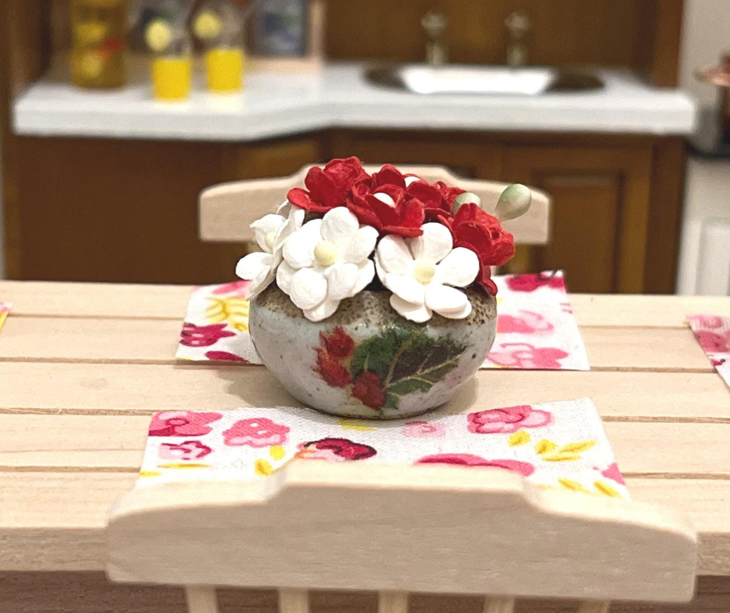 This adorable two-tone ceramic vase is decorated with red and white flowers and decoupaged with a red flower in front of the vase. Make your farmhouse stylish with this pottery vase. __etsy:7274190404
