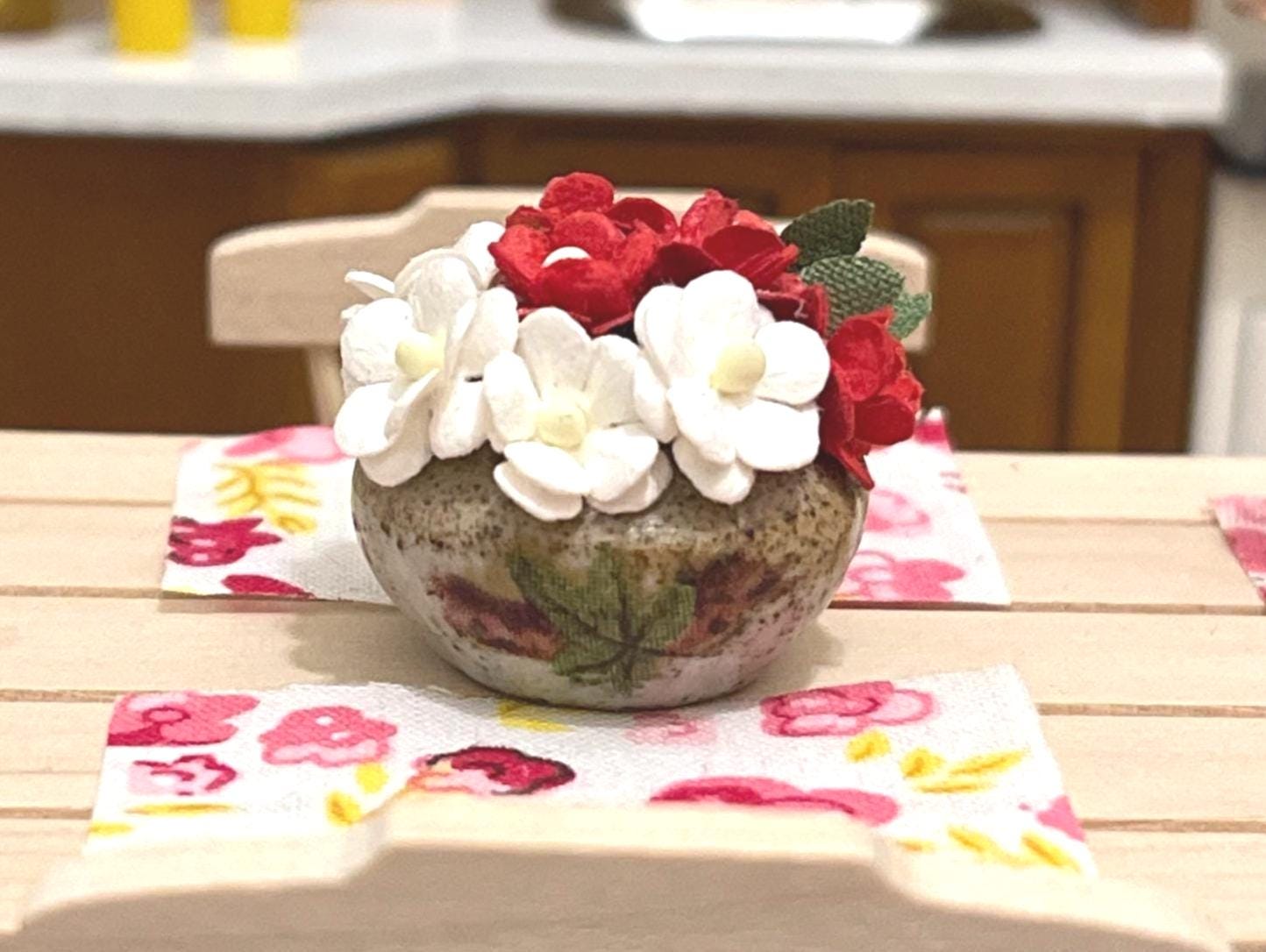 Miniature Ceramic Vase 1:12 Scale, Dollhouse Table Decor with Red & White Flowers __etsy:7322139893