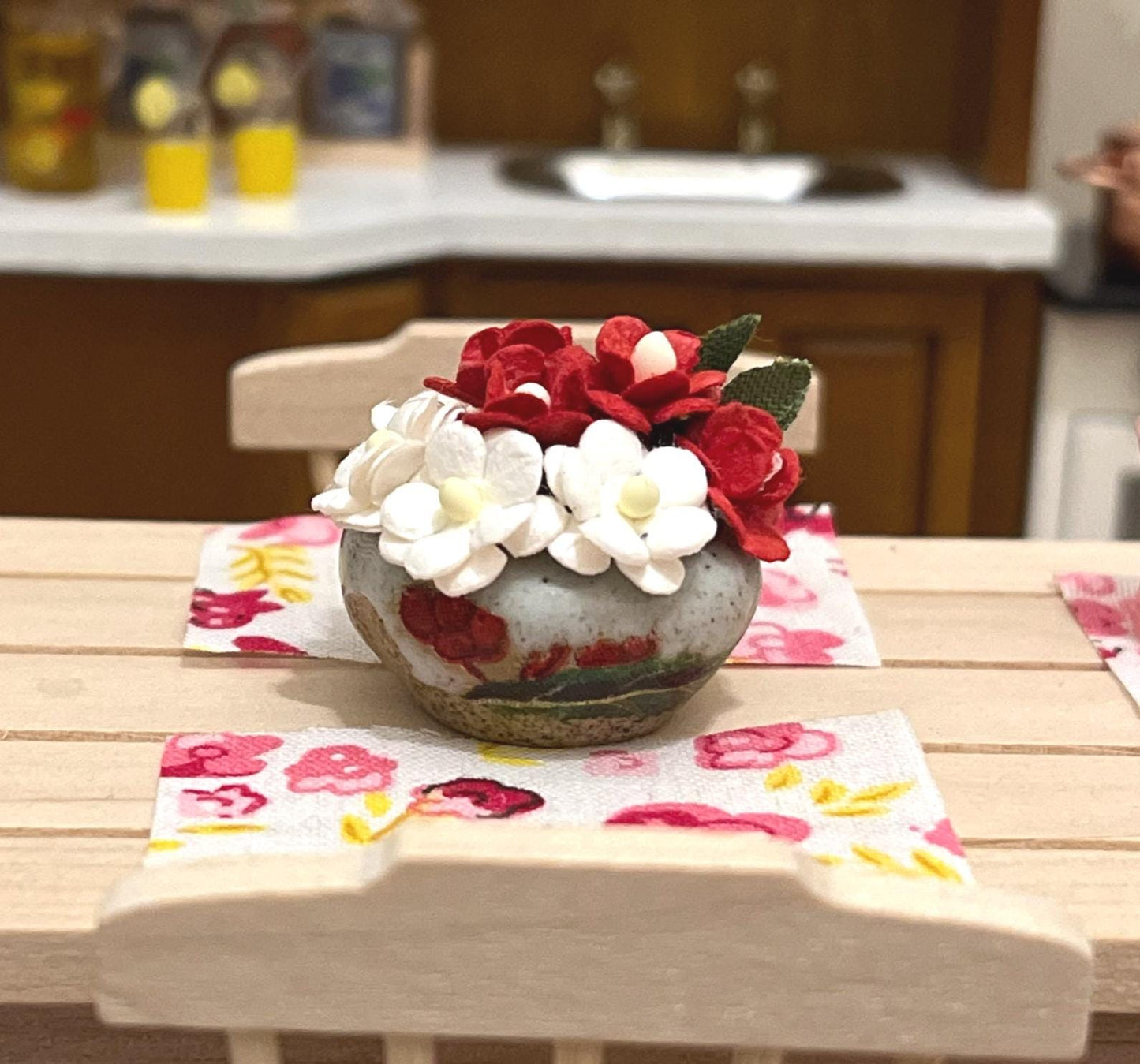 Miniature Ceramic Vase 1:12 Scale, Dollhouse Table Decor with Red & White Flowers __etsy:7274191660