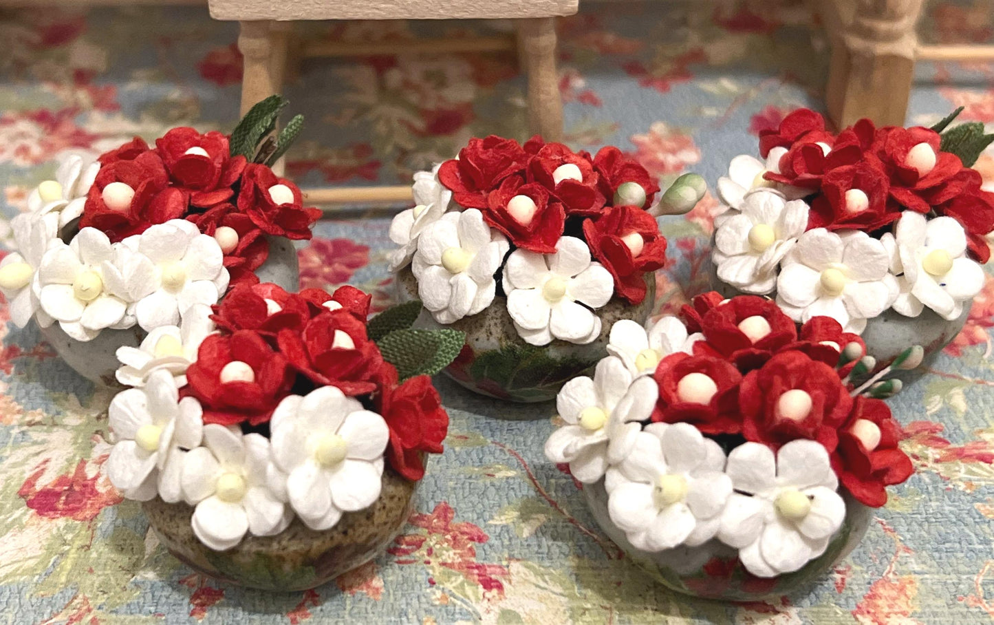 Miniature Ceramic Vase 1:12 Scale, Dollhouse Table Decor with Red & White Flowers __etsy:7274195460