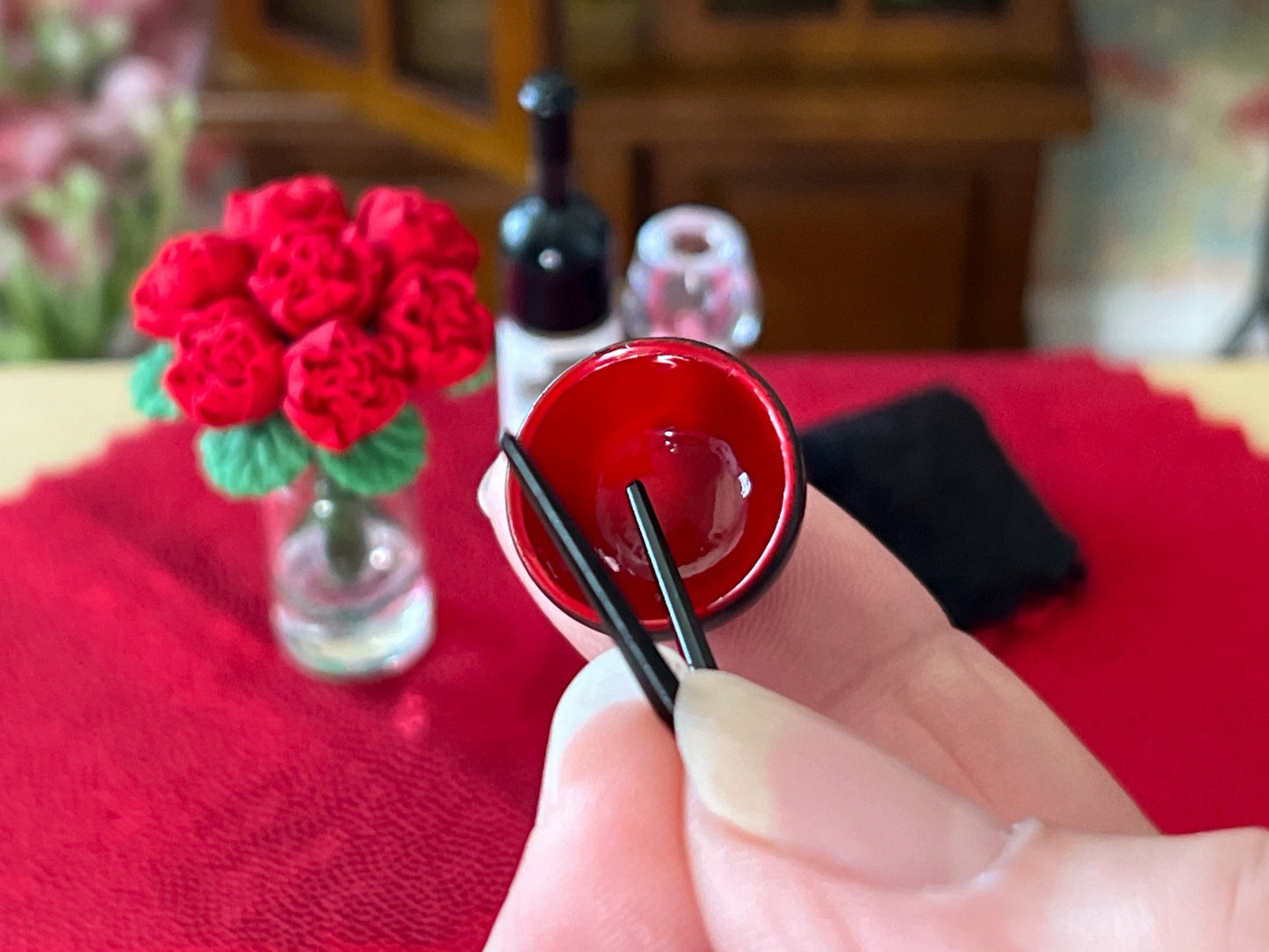 Miniature Chinese Rice Bowl with Chopsticks – 1:12 Scale Dollhouse Asian Black & Red Tiny Bowl __etsy:6019715784