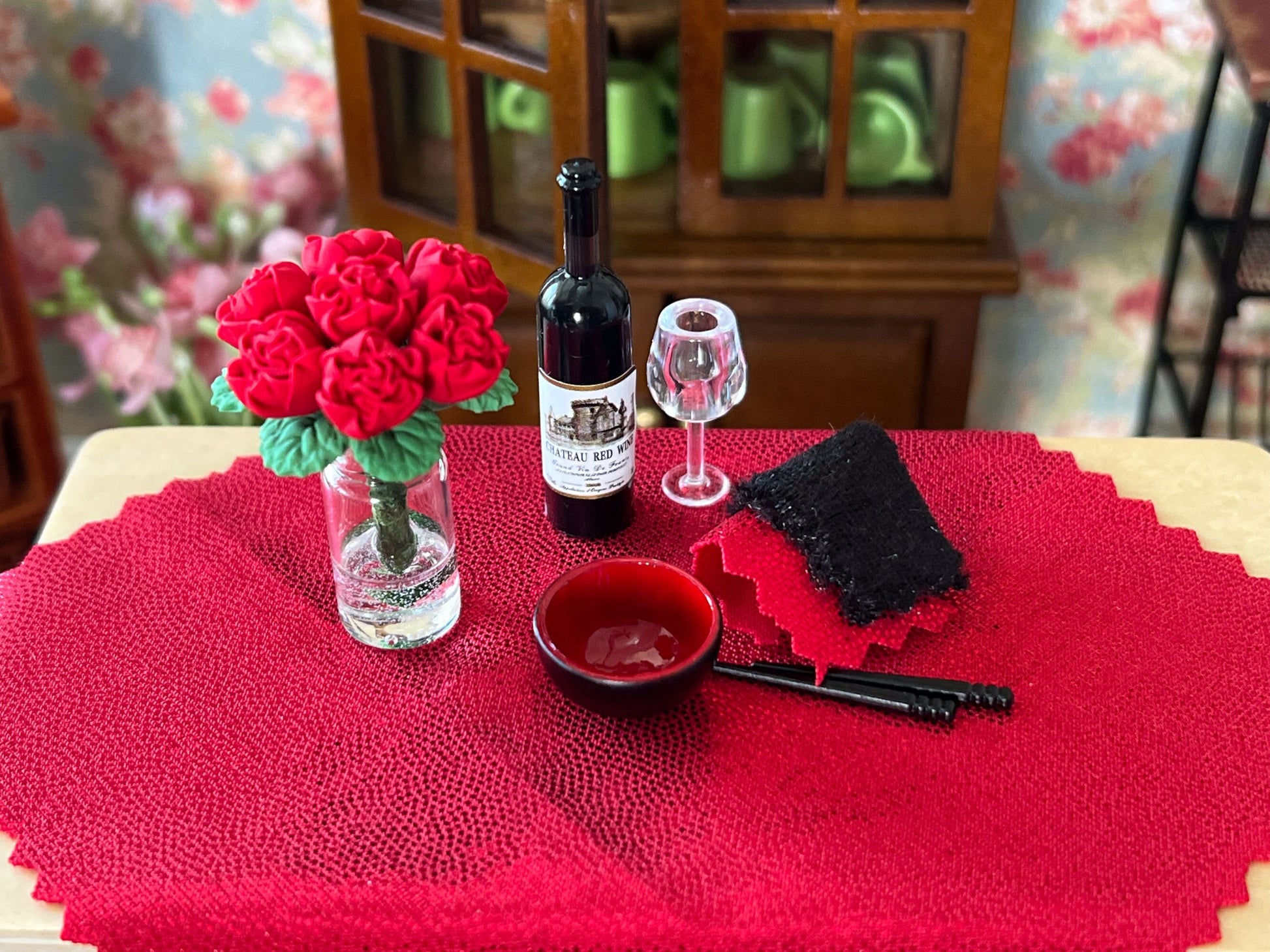 This adorable tiny Chinese rice bowl/chopstick set is black outside and red inside. Set up your dollhouse table to enjoy a night of Asian food. It is perfectly handcrafted to the most minimum detail. __etsy:6019715770