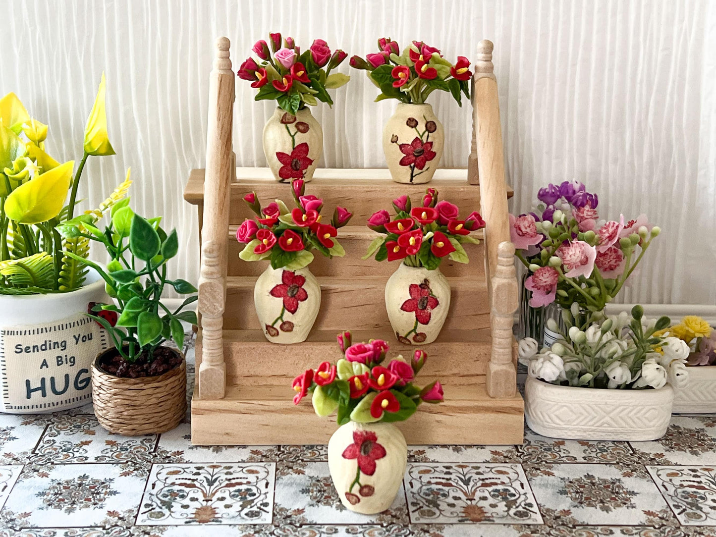 Miniature  Clay Vase with Red Flowers –  1:12 Scale - Yellow Vase for Dollhouse Decor __etsy:5828802959