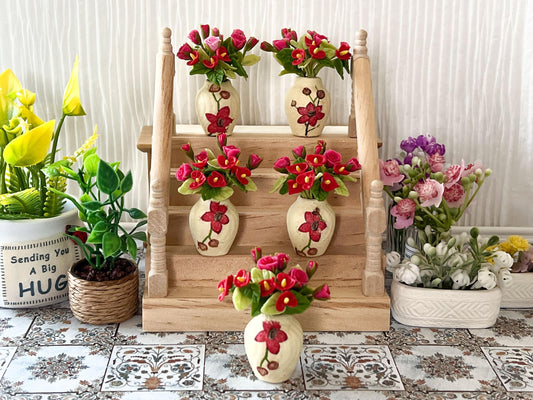 Miniature  Clay Vase with Red Flowers –  1:12 Scale - Yellow Vase for Dollhouse Decor __etsy:5828802959