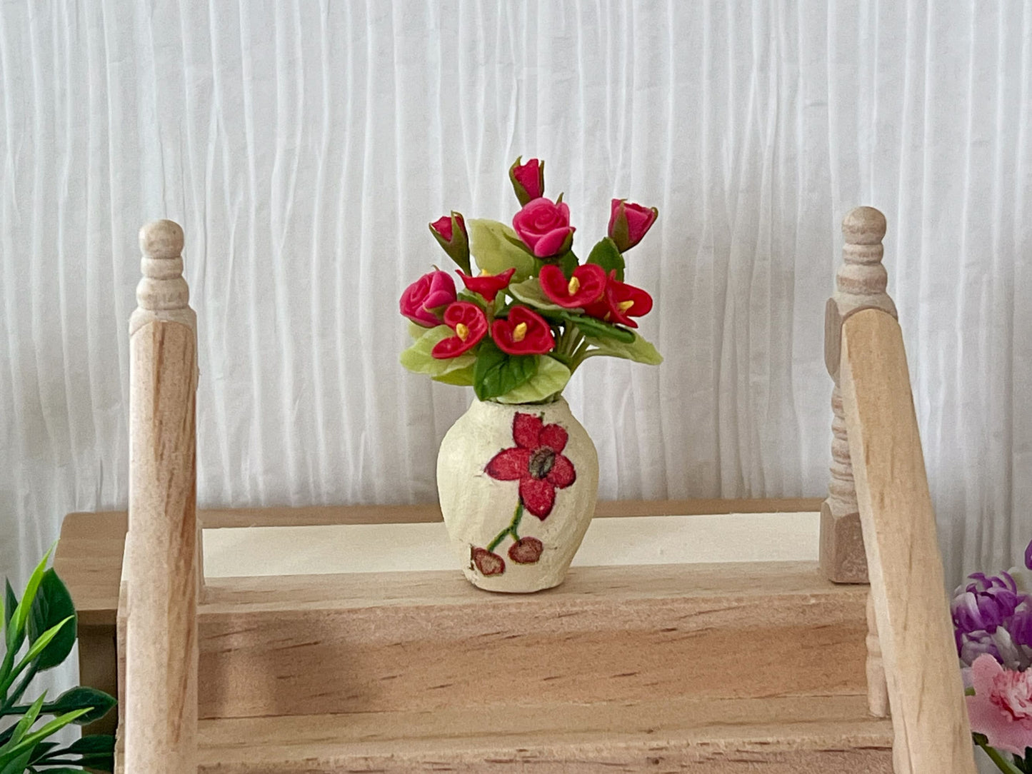 Miniature  Clay Vase with Red Flowers –  1:12 Scale - Yellow Vase for Dollhouse Decor __etsy:5829851919